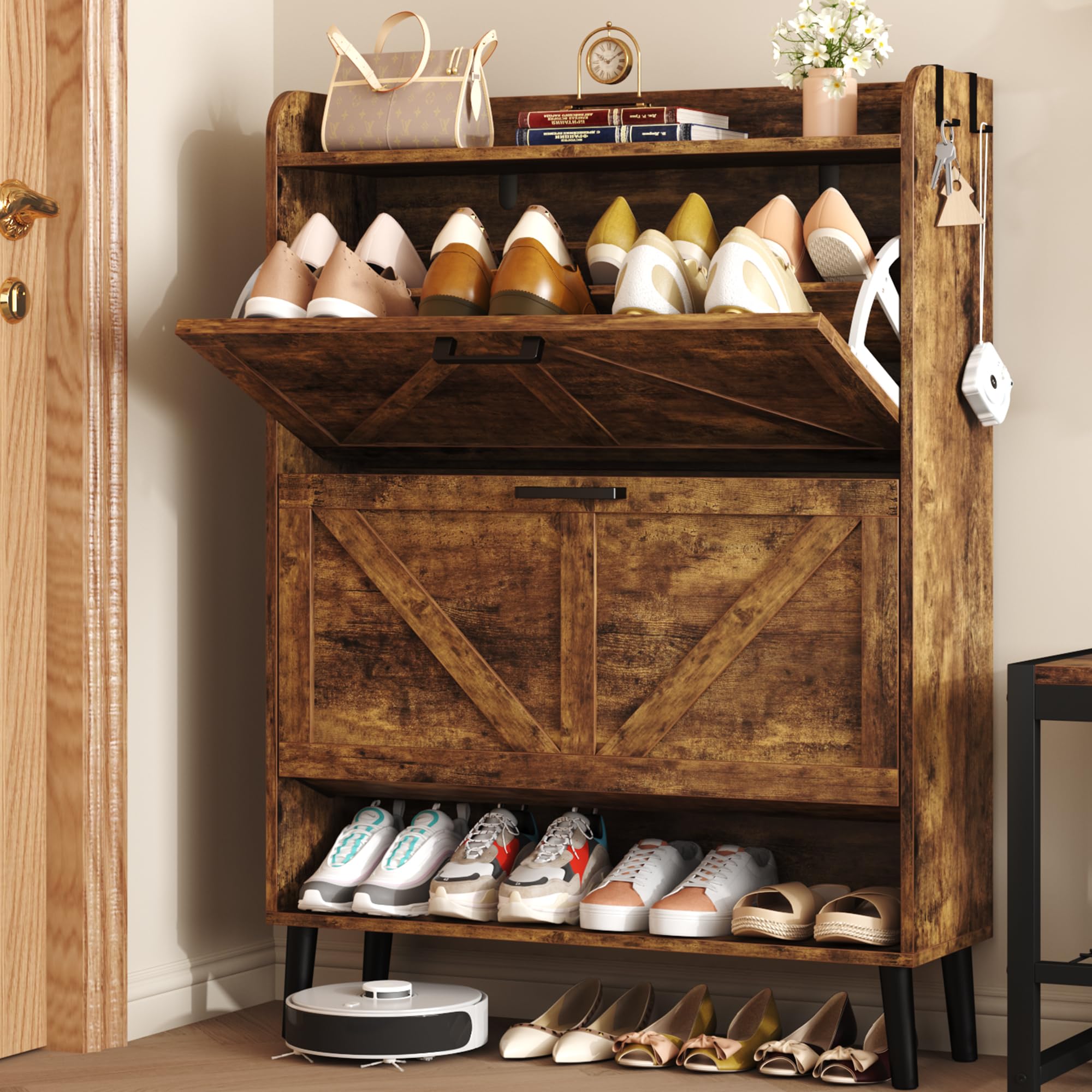 HOMEFORT Shoe Storage Cabinet in rustic brown with two flip drawers and an open bottom shelf