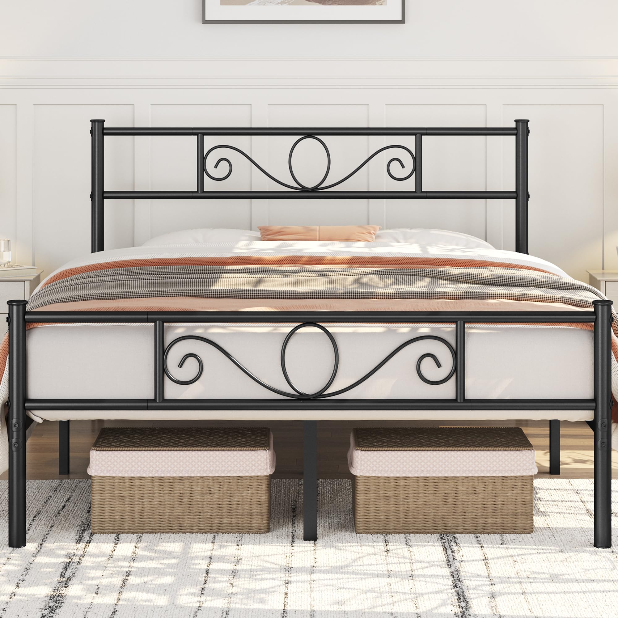 King Size Metal Bed Frame Iron Platform Bed Mattress Foundation with Scroll Design Headboard and Footboard Solid Metal Slat Bed Ample Storage for Bedrooms, Black