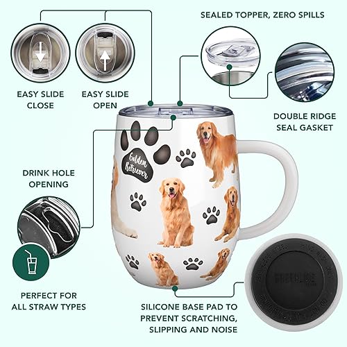 Miniatura 4 de Greenline Goods Vasos aislados con tapas Golden Retriever de 12 onzas, vasos de acero inoxidable para bebidas calientes y frías, elegante diseño de