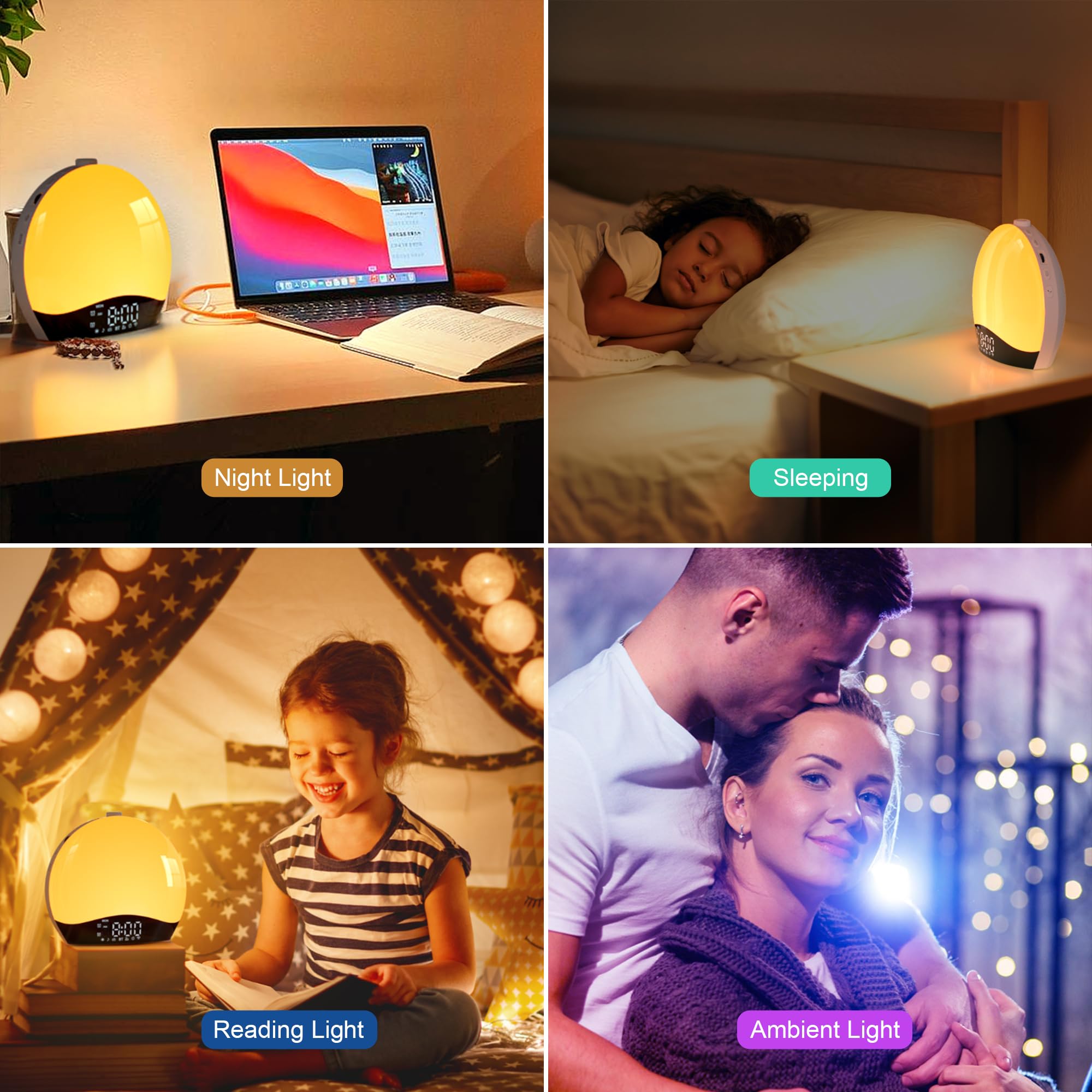 Réveil Simulateur d'Aube avec Enceinte Bluetooth, Lampe de Chevet LED Multicolore, Radio, 22 Sons Nature, 2 Alarmes, 20 Niveaux de Luminosité, Snooze, Minuterie - Adaptateur Inclus (Jaune)