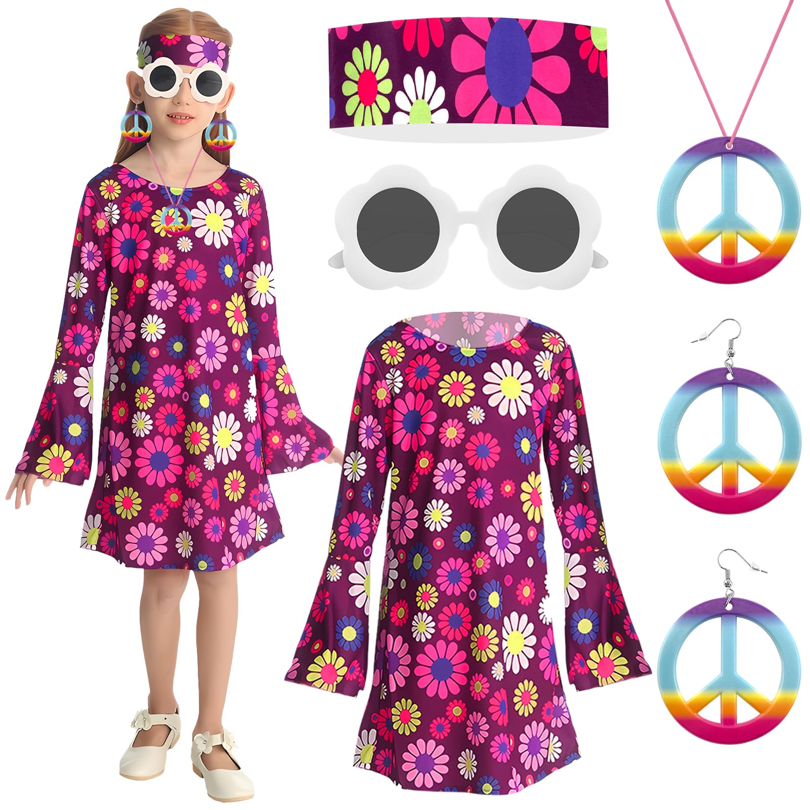 Hippie Kostüm Mädchen – 70er Jahre Kleid Mit Stirnband, Brille, Halskette & Ohrringen – Karnevalsoutfit