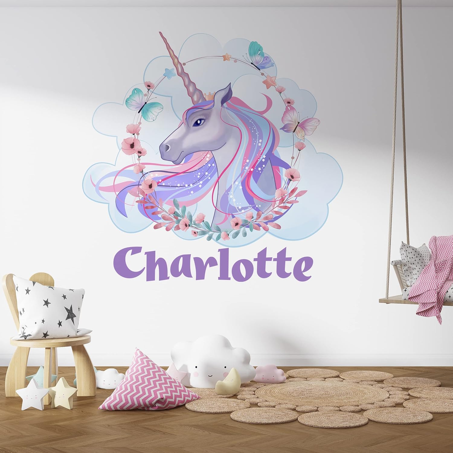 Amazing Unicorn Decal for Girl Room - Pink Lilac Paint Sticker with Wreath Flowers and Butterflies - Kids Teens Room - Unique Wall Decal for Bedroom - Own Custom Large Name Sticker 7x7