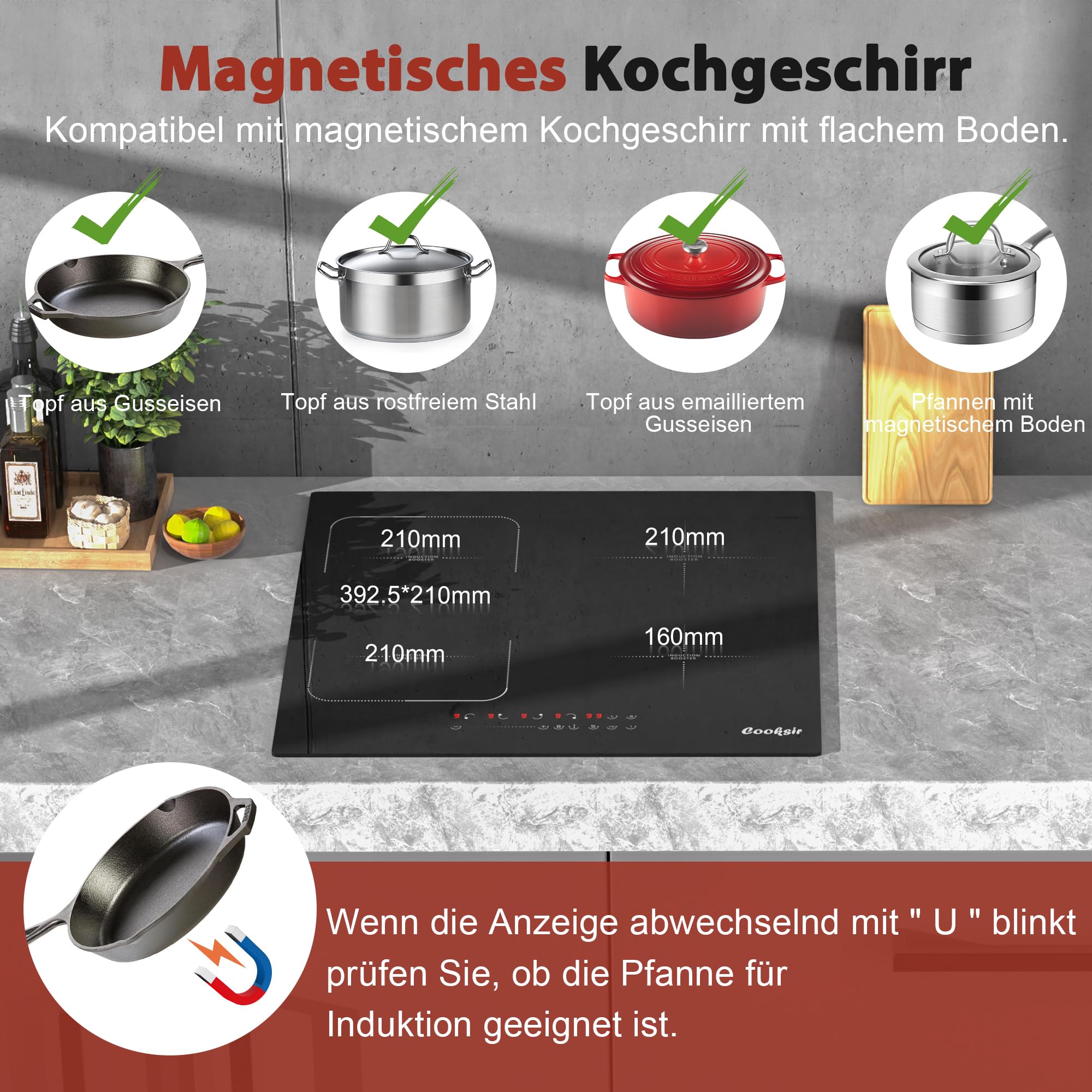 Cooksir Induktionskochfeld 4 Platten 60CM 3500W 220V 50Hz 16A-Stecker Flexible Kombinierte Zone