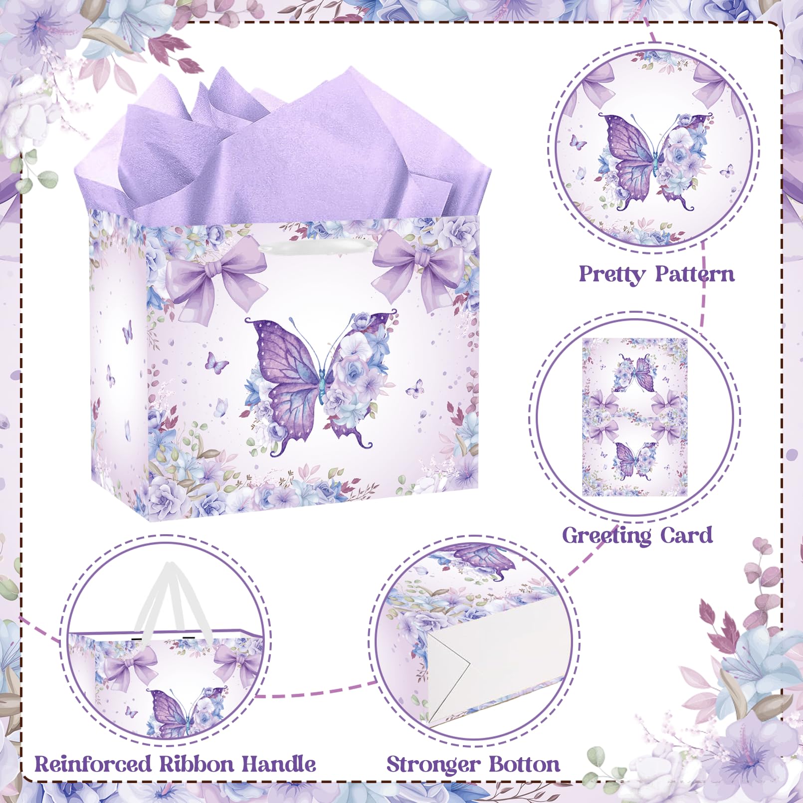 SolarGlory Large Butterfly Birthday Gift Bag with Card & Tissue Paper – Purple Happy Birthday Party Favors for Women, Girls, Baby Shower, Bachelorette Theme Party Decorations