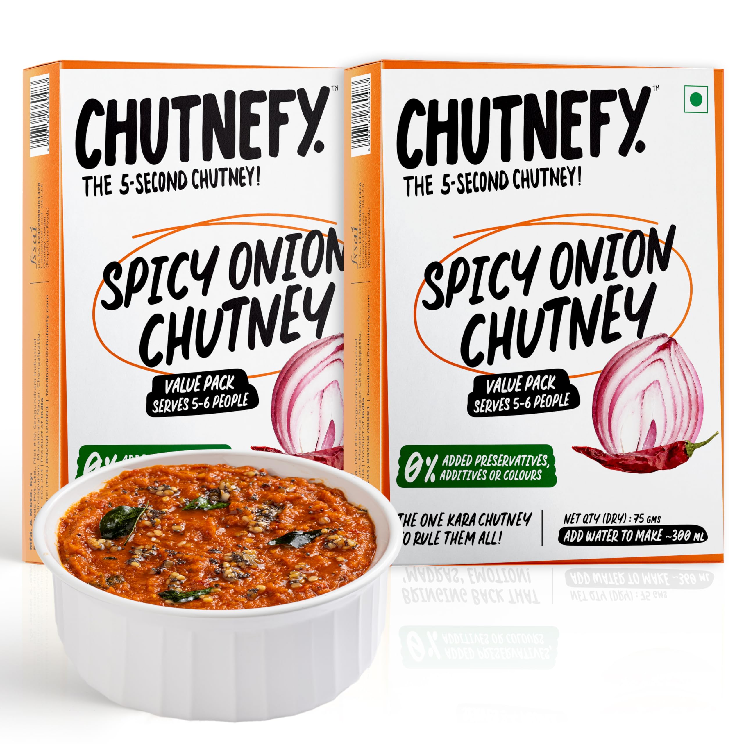 CHUTNEFY|Spicy Onion (Kara) Chutney|100% Natural Ingredients|Pack of 2*75gms (Dry)|Add Water to Make 300ml Each|5-6 Servings Per Pack|The All-time Classic Red Chutney