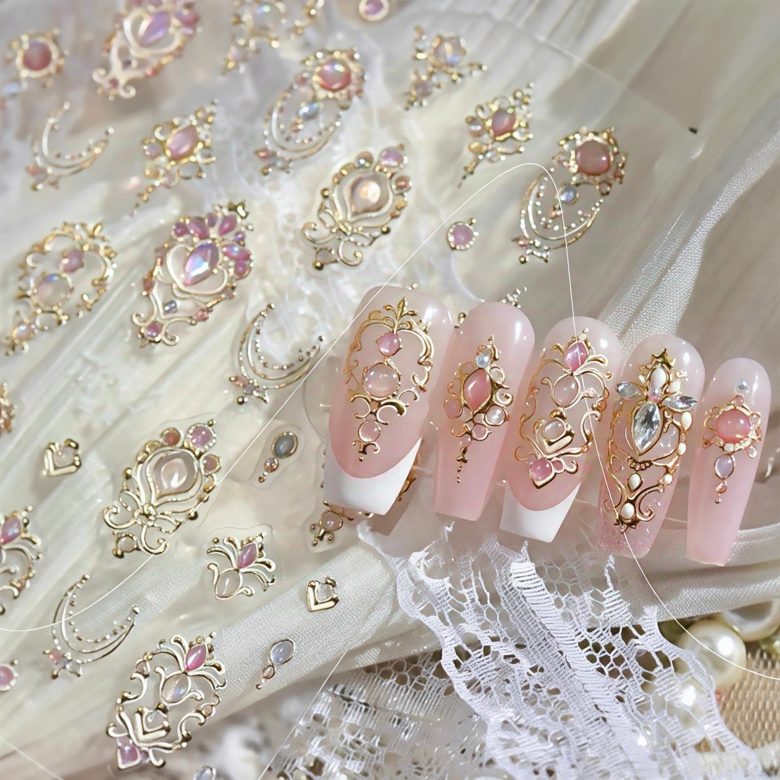 5D Embossed Gold Nail Stickers Jelly Nail Art Stickers Self Adhesive with Design Gemstone Nail Decals for Nails Art Supply Charms for Women Girls Kid Magnificent Manicure Decoration Accessories