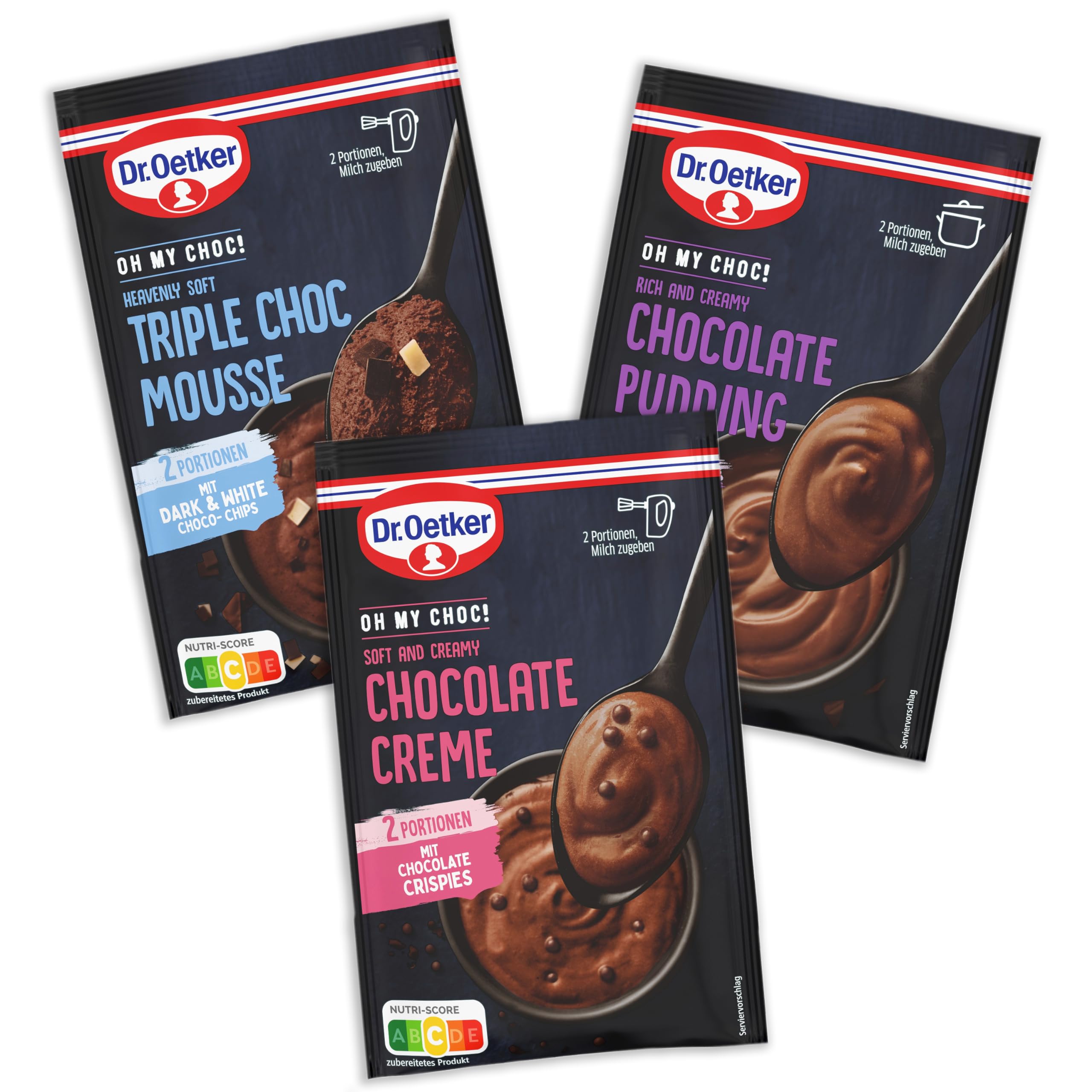 Dr. Oetker OH MY CHOC! 15er Probier-Set, 5 x Chocolate Creme, 5 x Chocolate Pudding, 5 x Triple Choc Mousse, Dessertpulver für Schoko-Creme, Schoko-Pudding und Schokoladenmousse