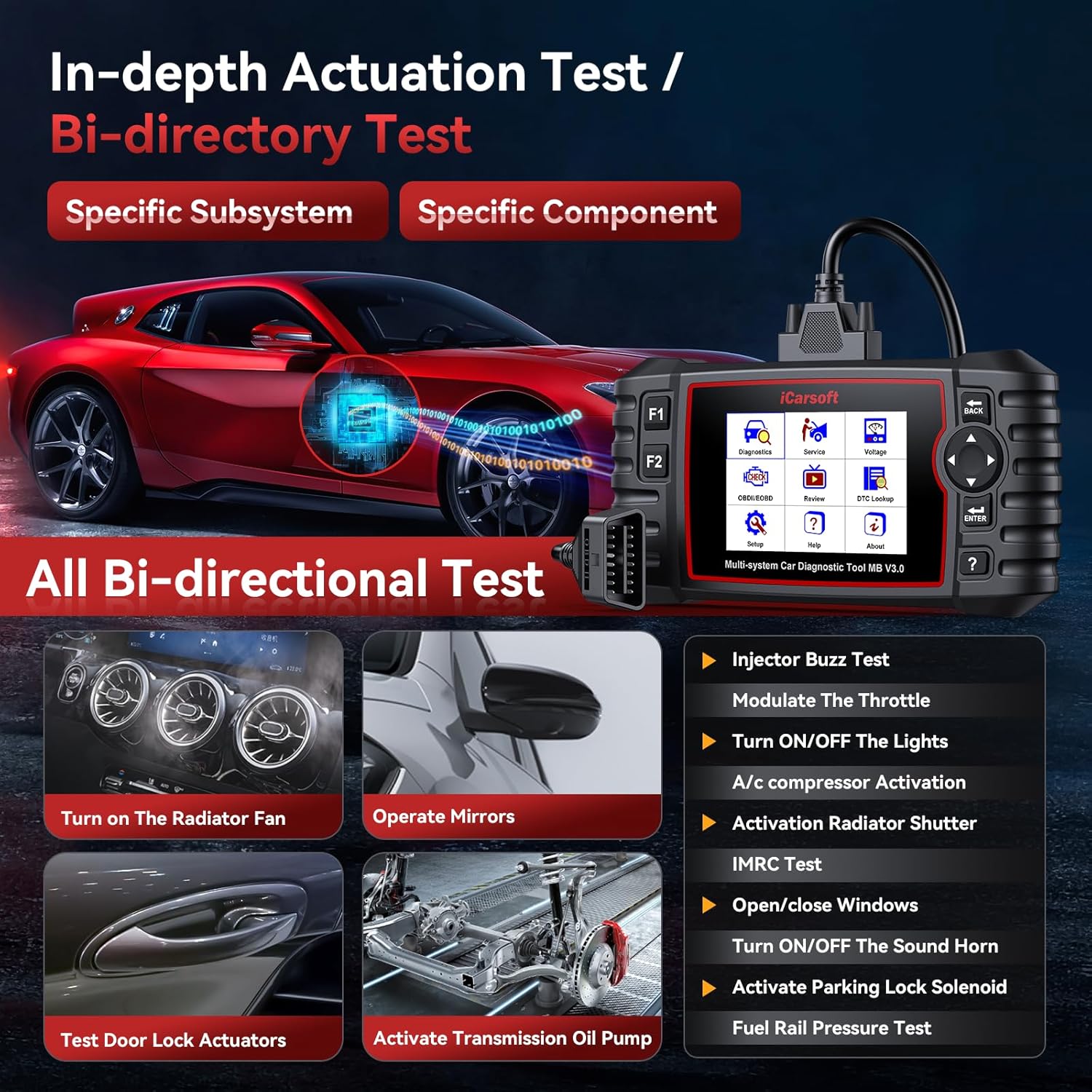 iCarsoft MB V3.0 Bidirectional Diagnostic Tool for Mercedes-Benz/Sprinter/Smart/Maybach 38+ Service All Systems OBD2 Scanner Quick Scan Battery Test Full Actuation Test Auto VIN Free Lifetime Update