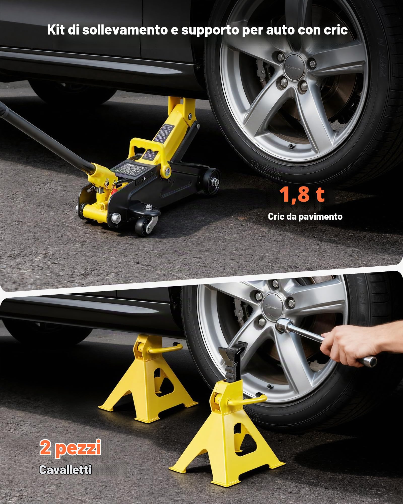 VEVOR Cric da Pavimento a Basso Profilo Capacita di 2 t, Cric da Pavimento da Corsa in Acciaio con Supporti, Pompa a Sollevamento Rapido a Pistone Singolo, per Carrelli per SUV Compatti