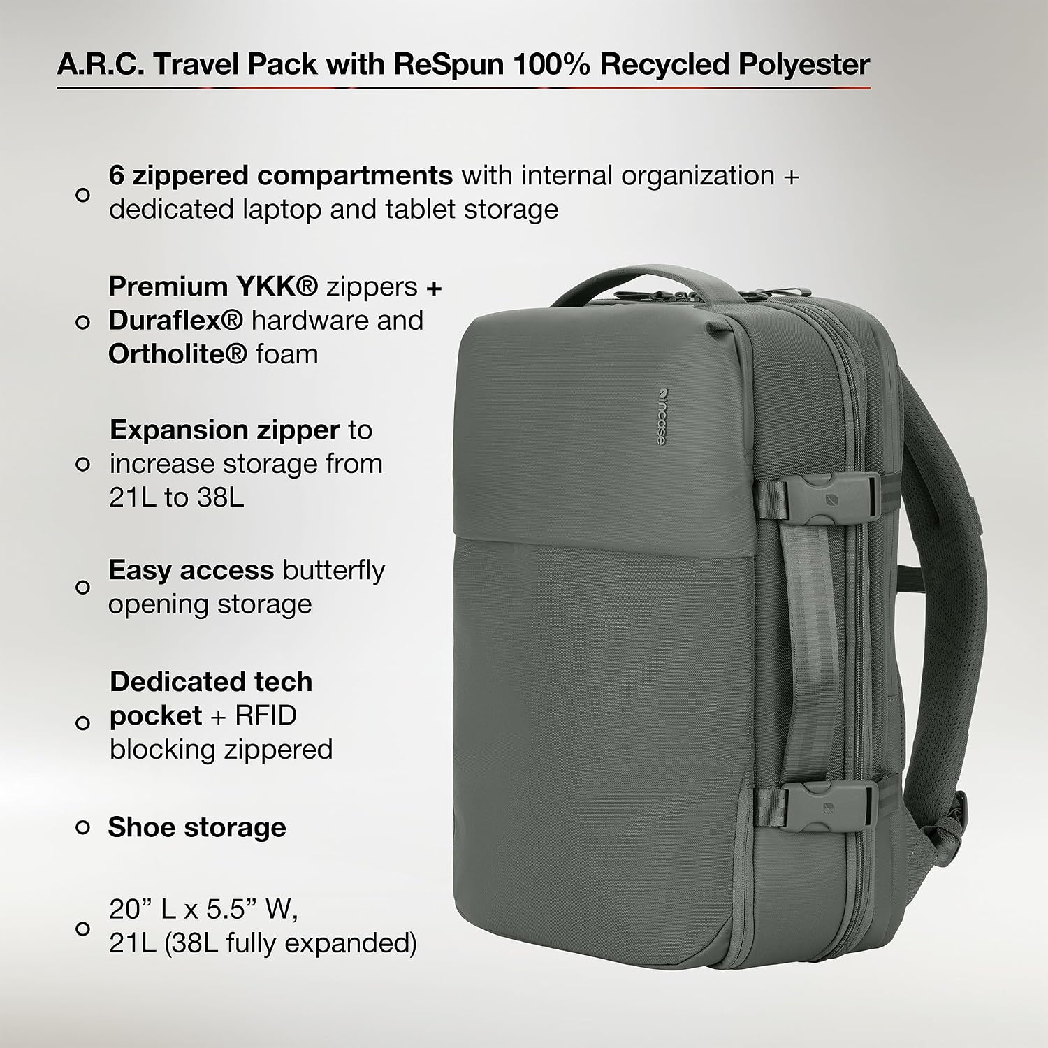 Incase A.R.C. Travel Backpack 38L – Expandable Carry On Luggage, Fits up to 17" Laptop – Butterfly Opening, Quick Access Pocket, Shoe Storage – Airplane Travel Essentials, Weekend Bag – Smoked Ivy