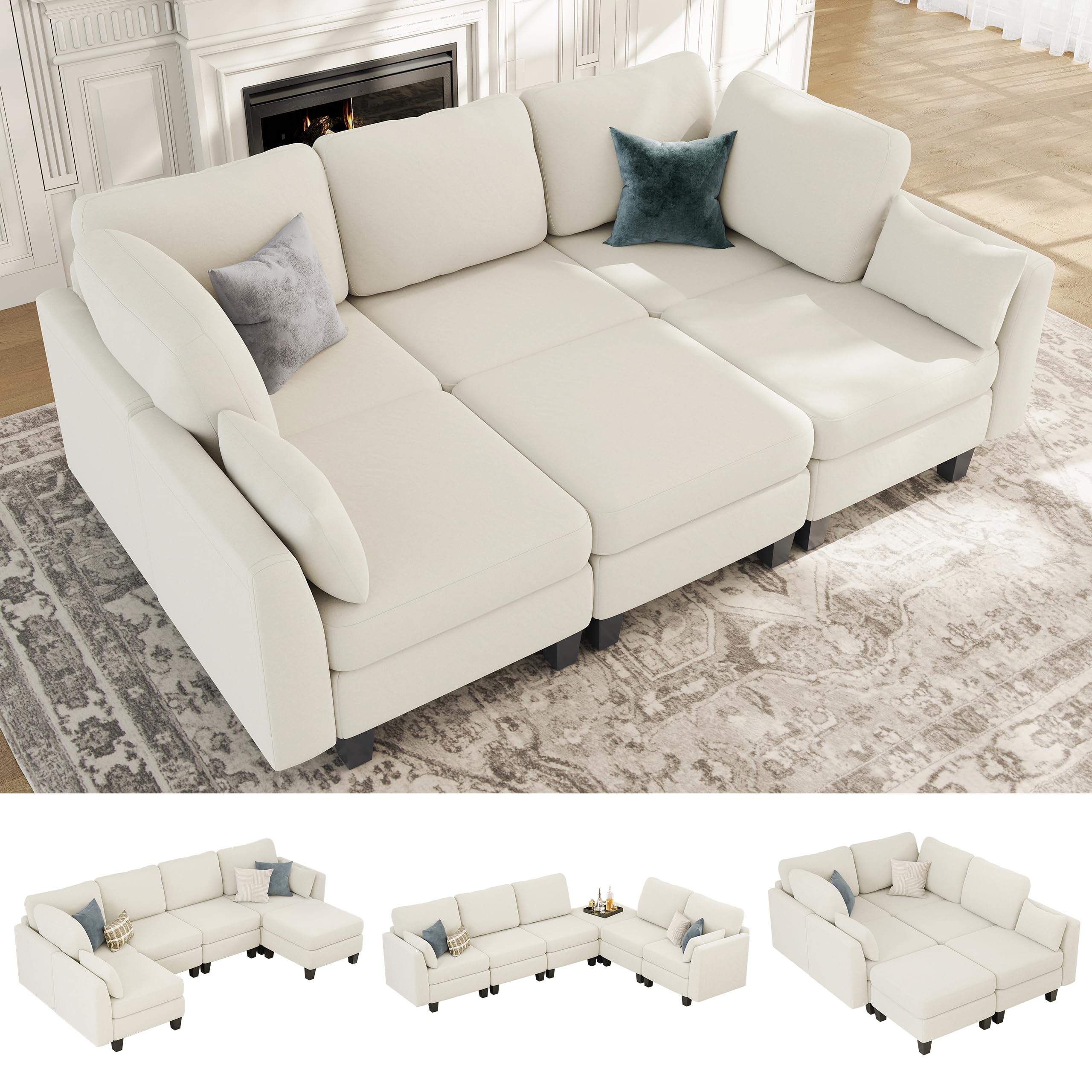 Dowiean Sectional Sleeper Sofa, 6 Seaters Modular Sleeper Sofa Couch, Comfy Sectionals Couches Bed, Convertible Sofas with Ottomans, Modular Sectional