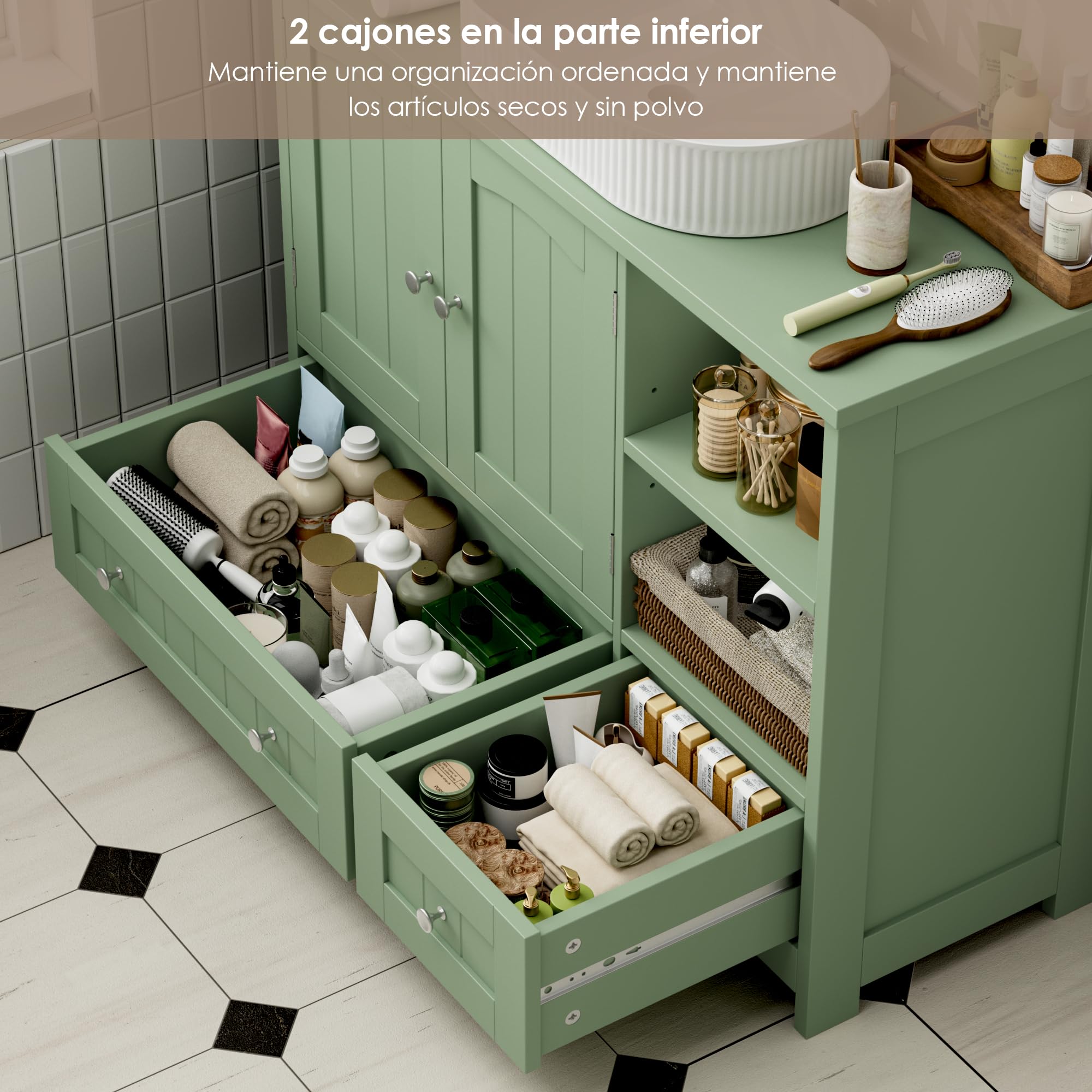 FOREHILL 80cm Mueble Bajo Lavabo, Mueble Baño, Mueble Lavabo con Pie | con 2 Puertas, 2 Cajones, Verde, 80x30x65cm
