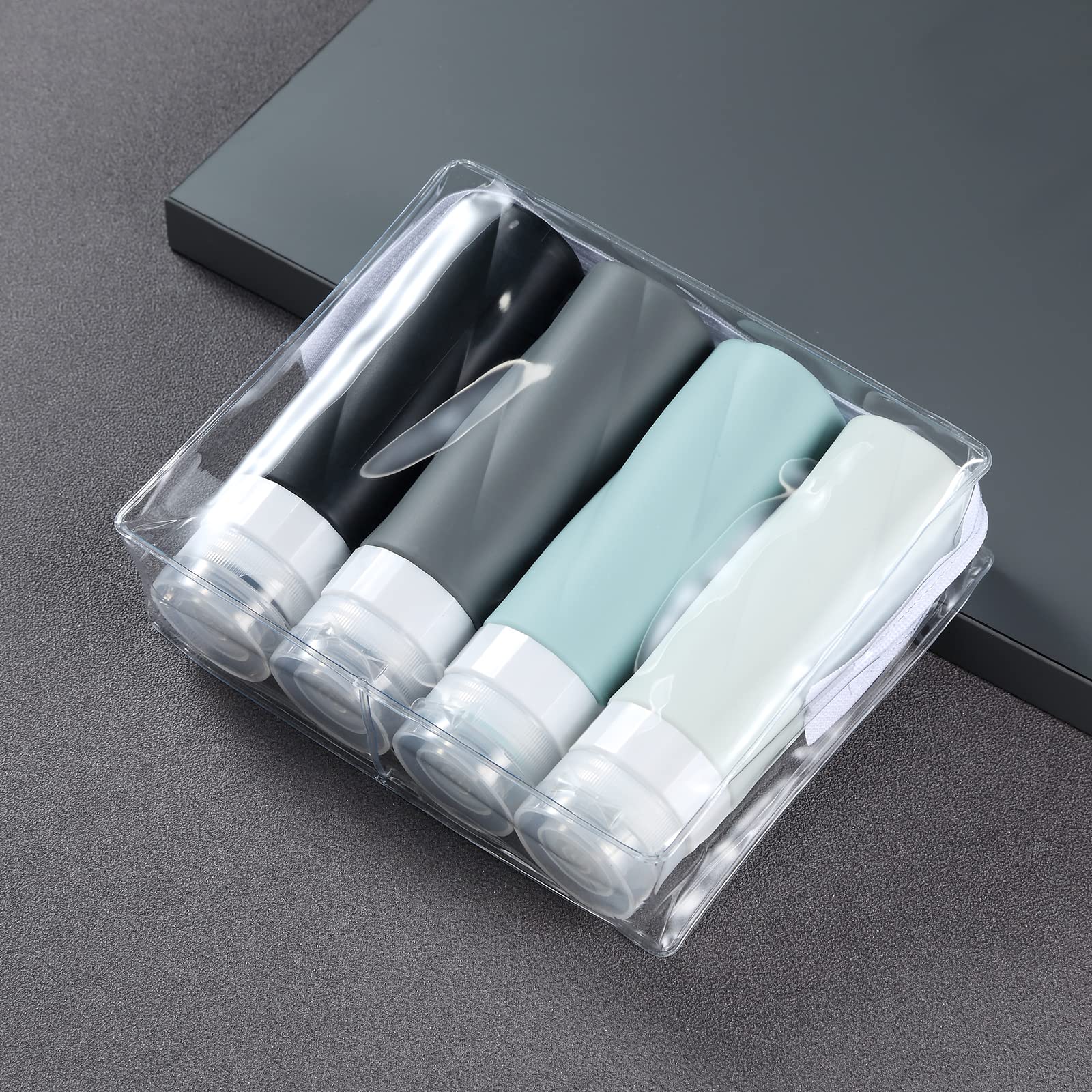 Gemice Reiseflaschen für Toilettenartikel, 85 ml, TSA-zugelassen, Reisegröße, BPA-frei, auslaufsicher, Reiseschlauch, nachfüllbar, Flüssigkeit, Reisezubehör mit transparentem Kulturbeutel, 4 Stück