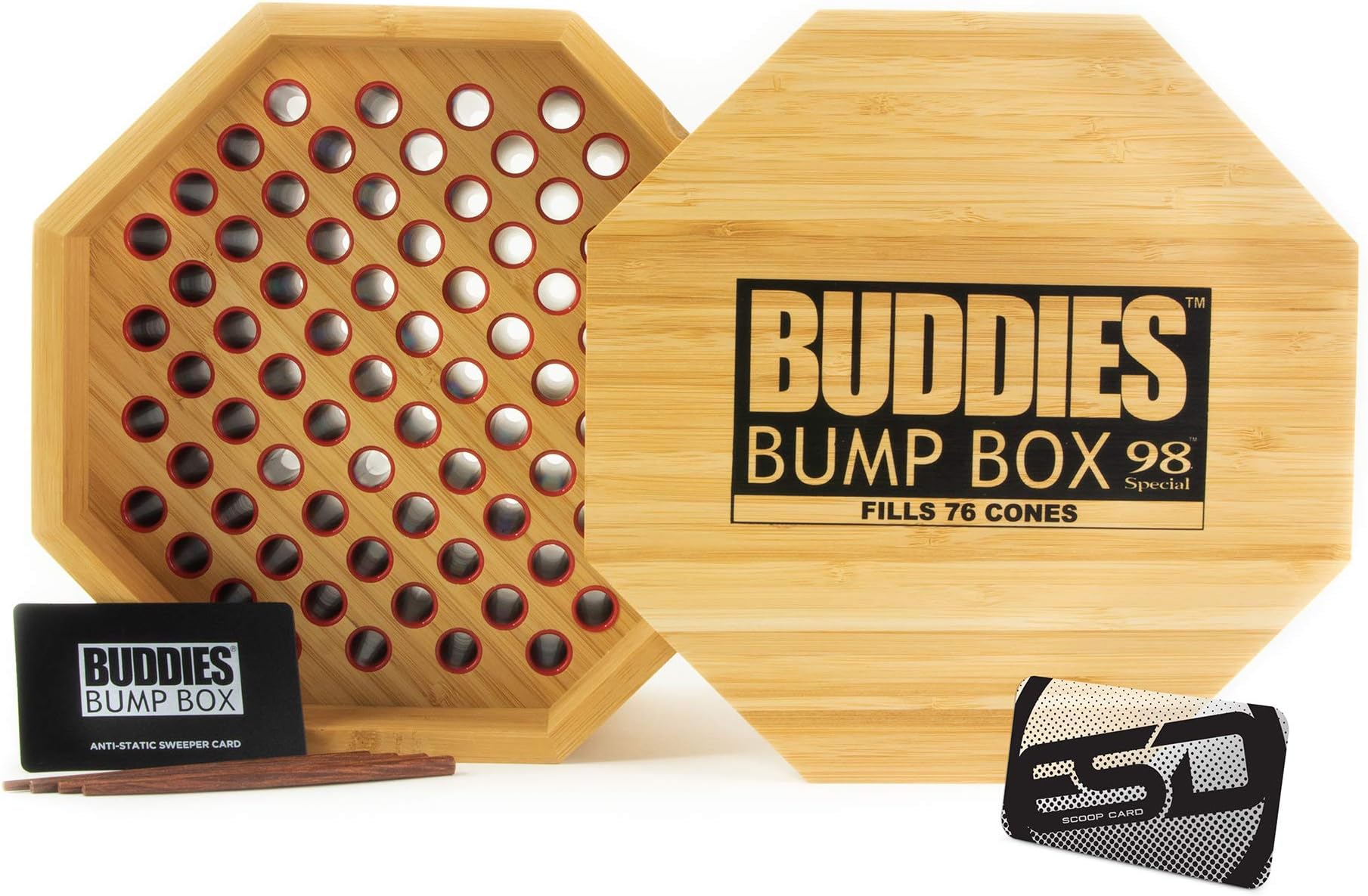 Buddies Bump Box Filler for 98 Special Sized Cones | Fills up to 76 Cones Simultaneously | Time Efficient Bulk Cone Packing Wood Box with an ESD Scooping Card