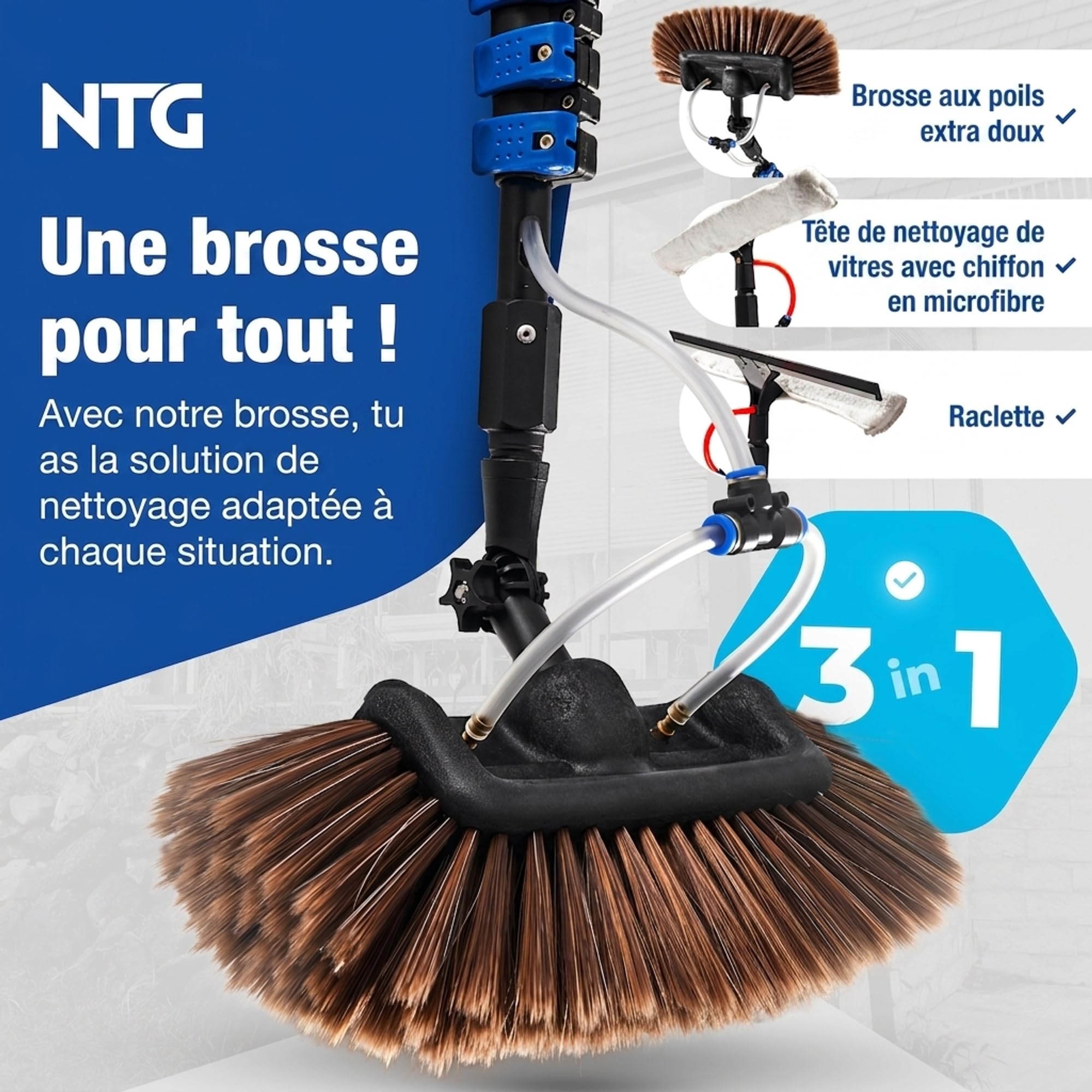 NTG Balai-brosse télescopique 4,6m 3-en-1 avec tête de brosse extra douce | Chiffon en microfibre & décapeur + raccord d'eau | Ensemble de nettoyage pour véranda et installation PV, Balai-brosse avec