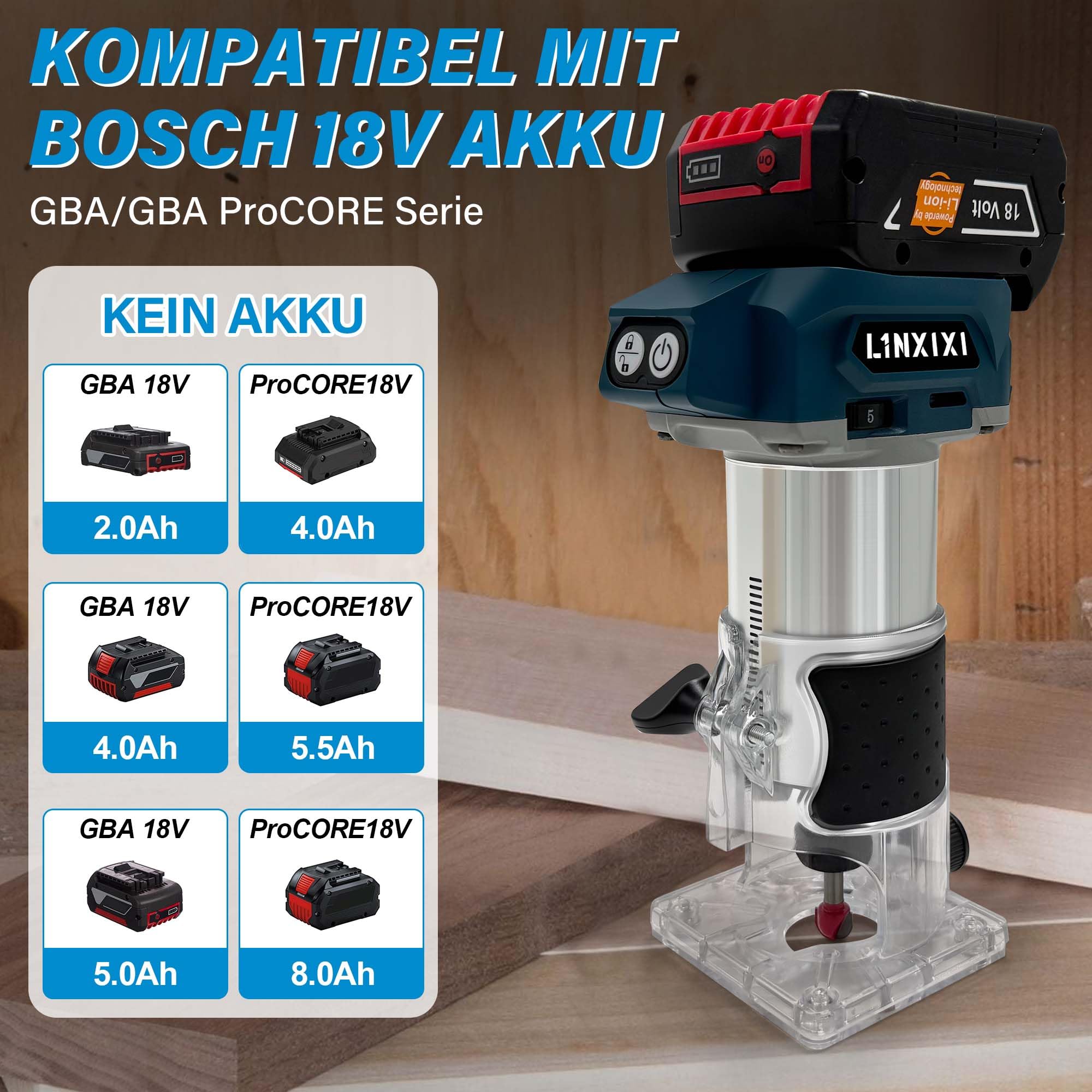 Akku Oberfräse für Bosch GBA 18V/ProCORE18V Akkus, 800W Bürstenloser Oberfräse mit 5 Geschwindigkeiten, 10,000-30,000 U/min, 18V Einhandfräse Akku Kantenfräser mit 15 Stück 1/4" Fräser (ohne Akku)