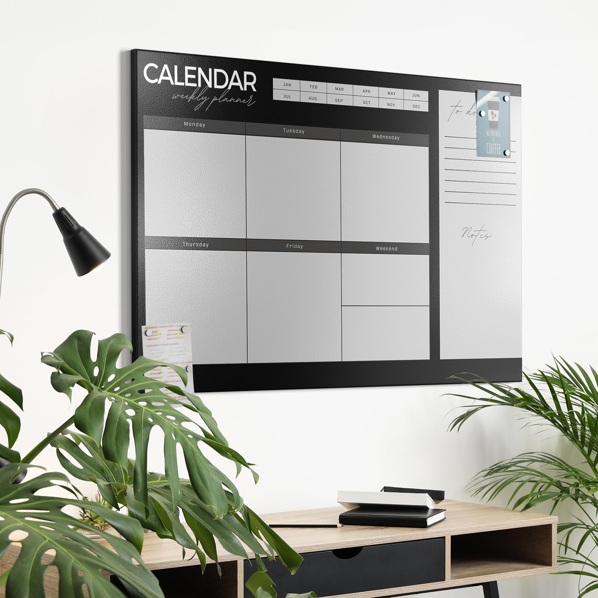 DEQORI Lavagna magnetica in metallo, 90 x 60 cm, motivo "Agenda settimanale nero (EN)", lavagna bianca per tutti i magneti, lavagna magnetica da parete per cucina e ufficio, bacheca magnetica