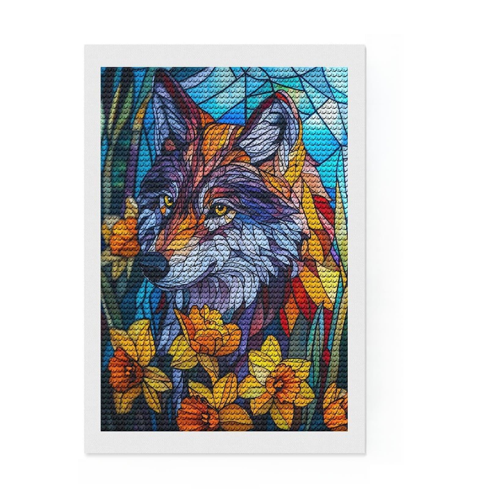 Junmoney Wolf Stained Glass Diamond Art Kit 8"x12", for Women, Nice Detail and Sparkle, Living Room Decor, Birthday Gift, Easy to Enjoy