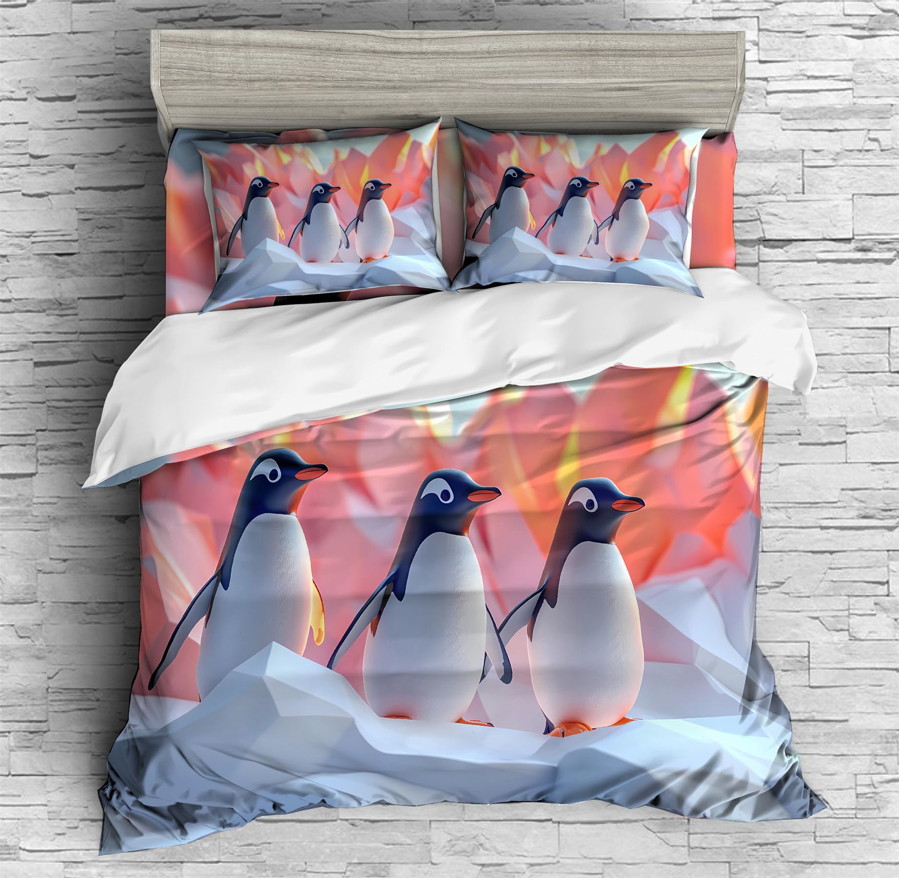 REALIN Cute Penguin Ice Skaters Bedding Snow Penguins Arctic Animal Duvet Cover Set Girl Boy Kids Bed Sets 3/4PCS Quilt Covers/Sheets/Pillow Shams,Twin/Full/Queen/King (A,Full-200x229cm-4PCS)