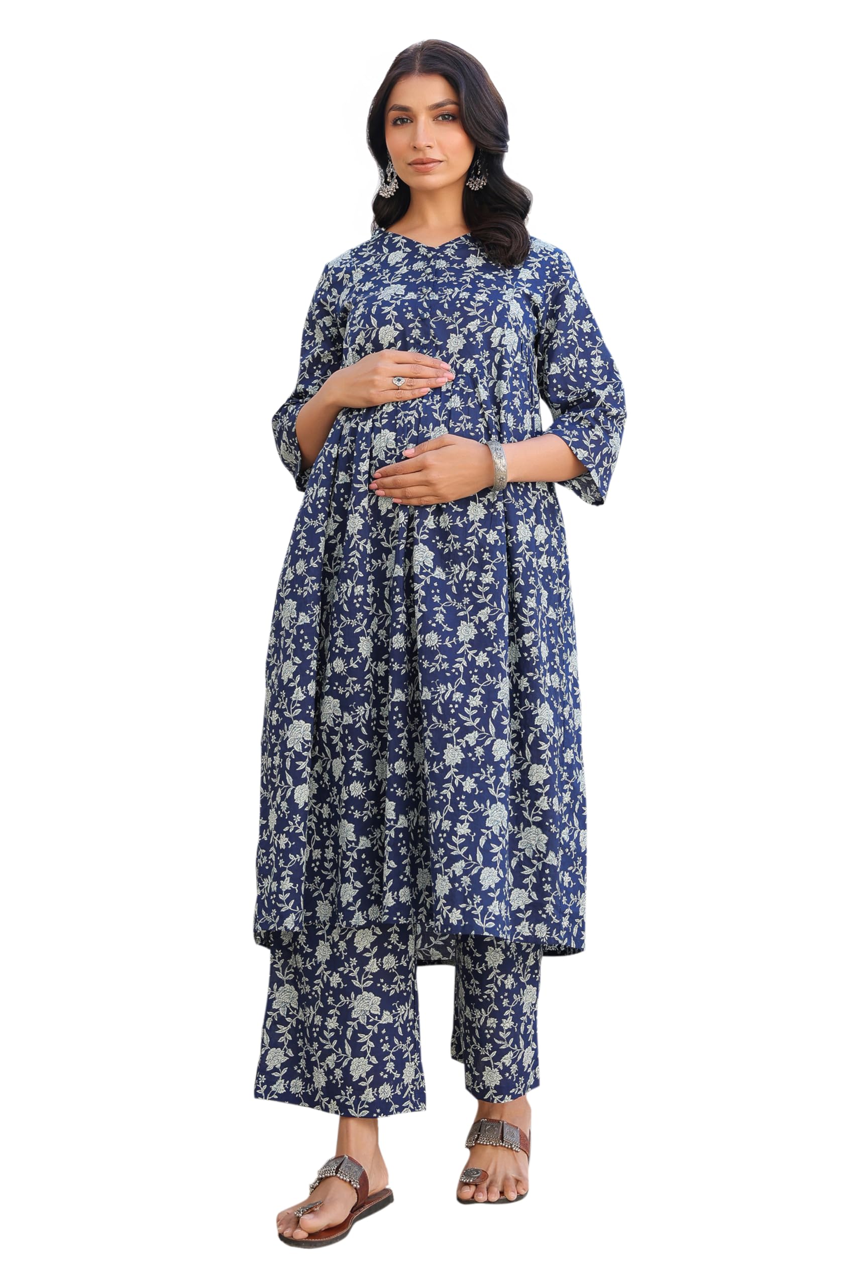 janasya Women's Indigo Pure Cotton Floral Printed Gathered Maternity Kurta Pant Set-picture-15
