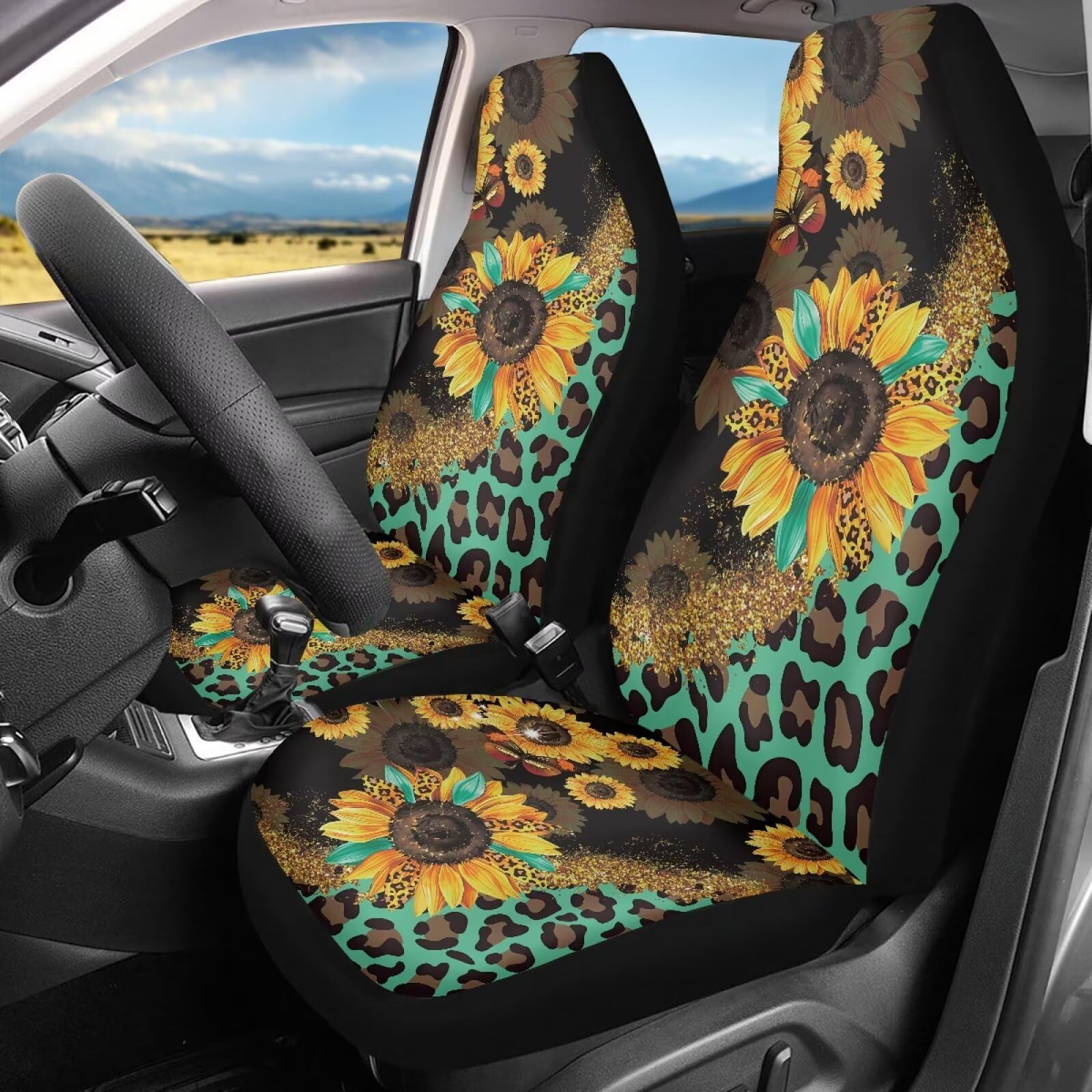 Biyejit Sunflower Leopard Animal Print Car Front Seat Covers Set of 2 Wild Cheetah Pattern Vehicle Seat Protector Car Covers for Cars Sedan SUV