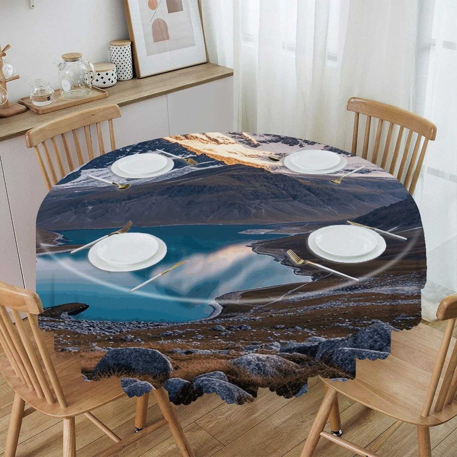 LZQPOEAS Sunrise Mountain Round Tablecloth Rustic Circle Table Cloth Wrinkle Resistant Decor Tablecloth Waterproof Washable Table Cover for Kitchen Party Dining Table 60 Inch