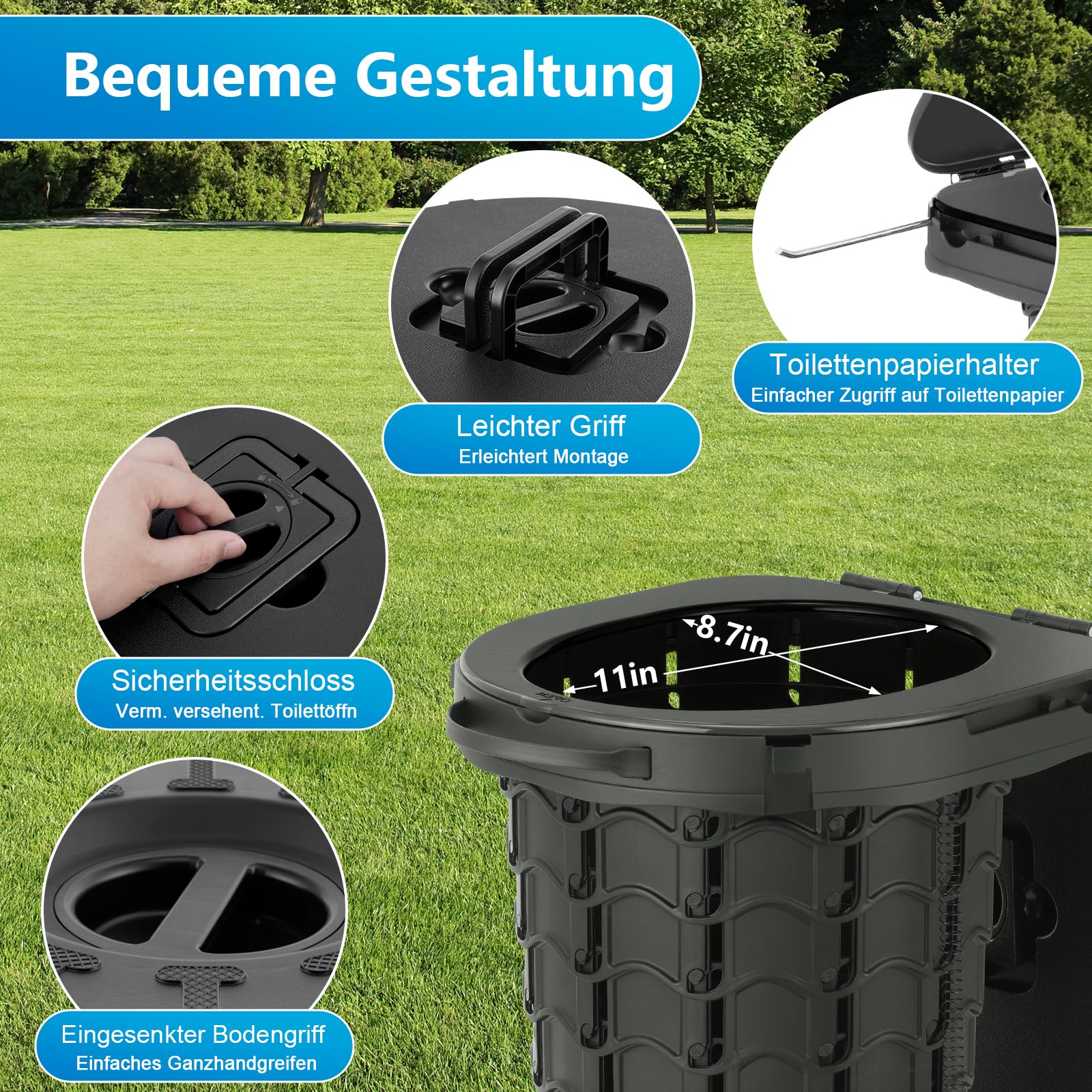 imodomio Campingtoilette Faltbar Camping Toiletten(WC) mit Deckel Mobile Toilette mit 10 Müllsäcke, ideal für Outdoor-Camping, Auto