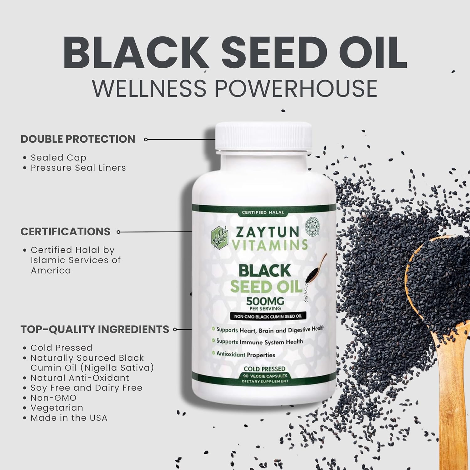 Zaytun Vitamins Halal Black Seed Oil (3-Pack) Cold-Pressed Nigella Sativa, Supports Heart, Brain, Immune Health, Non-GMO, Made in USA - Halal Vitamins