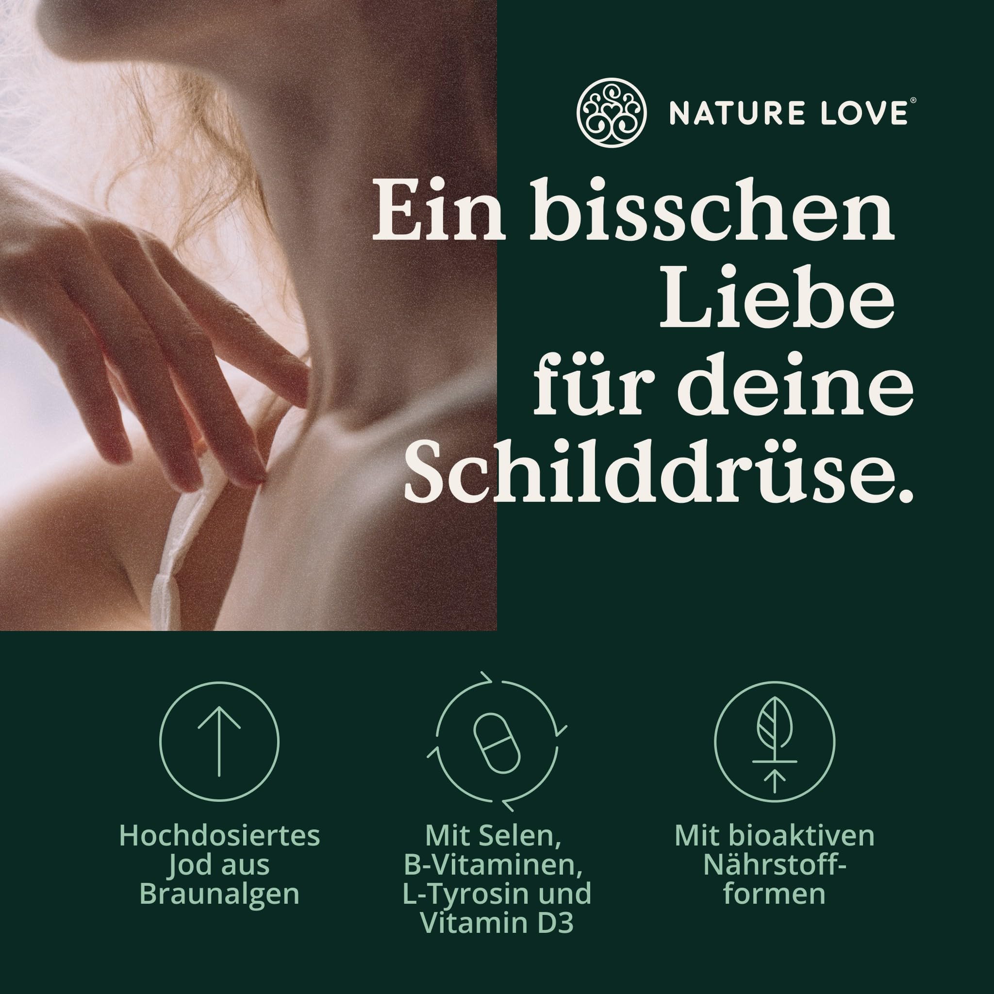 NATURE LOVE® Jod Komplex für die Schilddrüse - 180 Kapseln - mit Jod, Selen, L-Tyrosin, Vitamin B & D - Alternative zu Jod Tabletten - 6 Monate Reichweite - hochdosiert, vegan & laborgeprüft