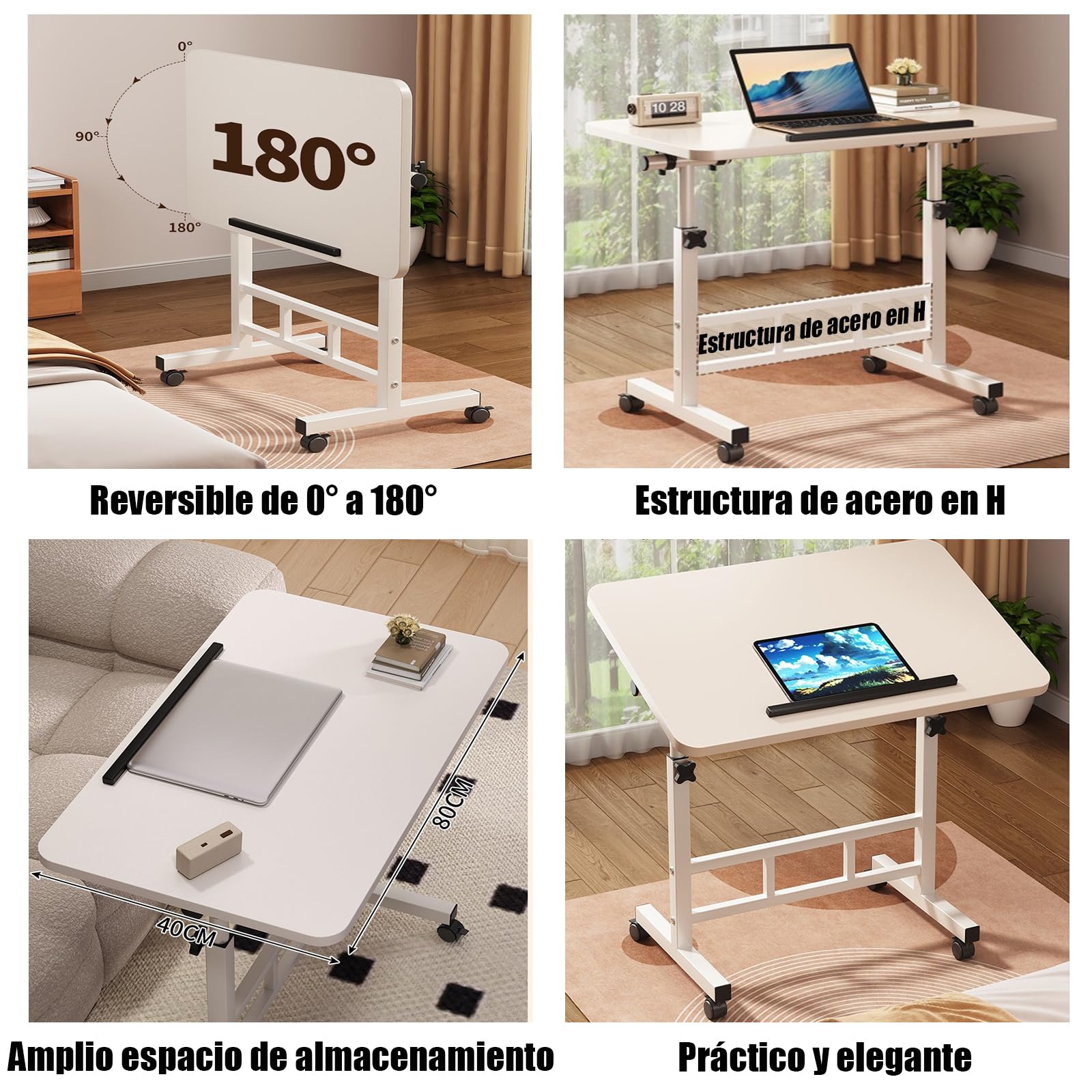 Mesa de Dibujo de Madera, Escritorio de Manualidades Con Altura Ajustable e Inclinada, Escritorio de Ordenador Con Ruedas para Mesa de Pasatiempos, Leer, Cuadro, Trabajo de Arte (Blanco, 80 x 40 cm)