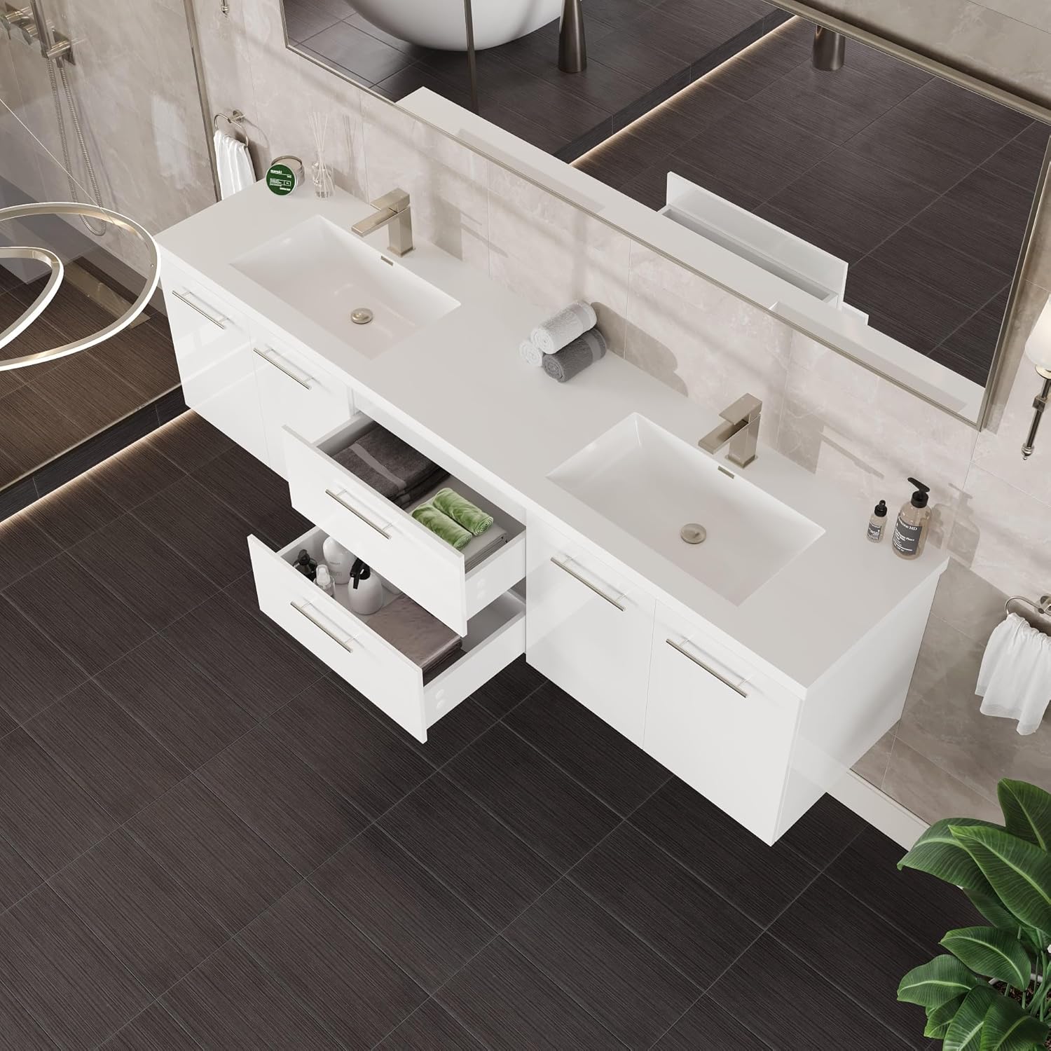Eviva Lumina 84 in. White Wall Mount Double Sink Bath Vanity with Acrylic Top and Integrated Sinks