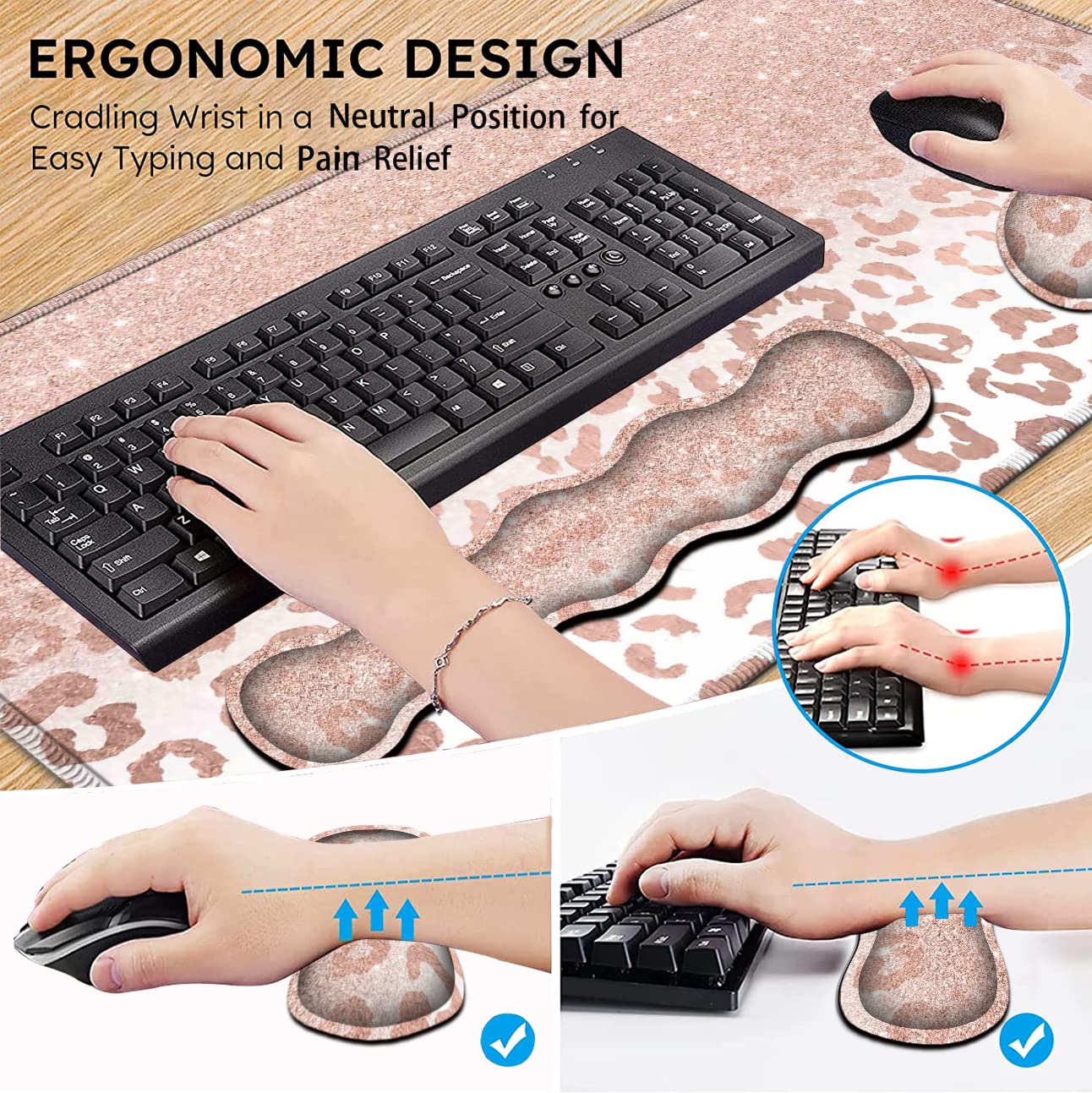 Großes Mauspad und Gel-Maus-Handgelenkauflage + Memory-Schaum-Tastatur-Handgelenkauflage-Set, rutschfeste Gummiunterseite für Büro, Zuhause, XXL-Leoparden-Sternmuster, rosa Schreibtischunterlage
