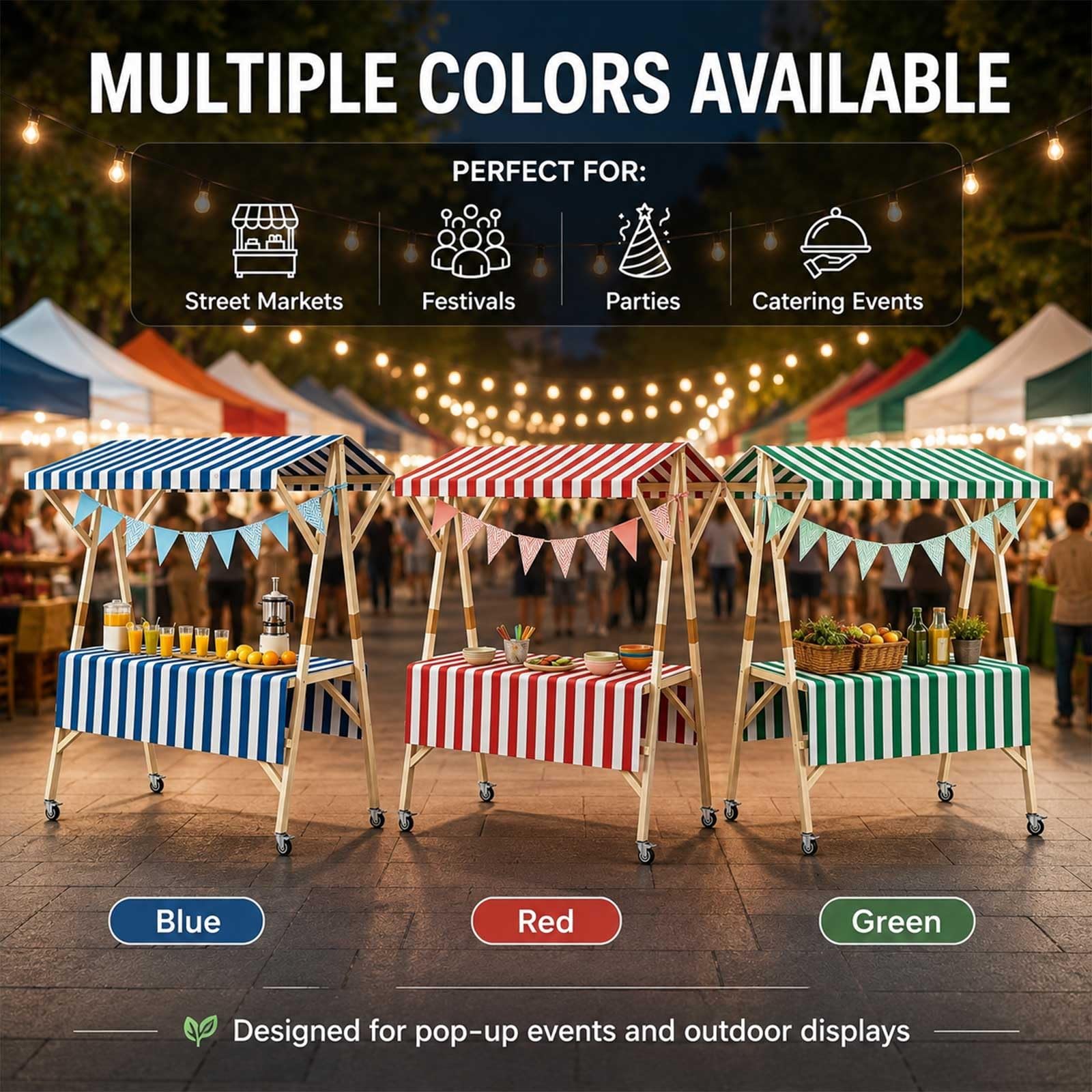 Imbissstand Auf Rädern, Kreative Marktwagen Aus Holz, Mobiler Verkaufswagen Mit Vordach, Marktstand Für Outdoor Street Food, Bauernmarkt, Messe, Handwerk, Snacks Und Süßwaren(Green,47.2in/120cm)