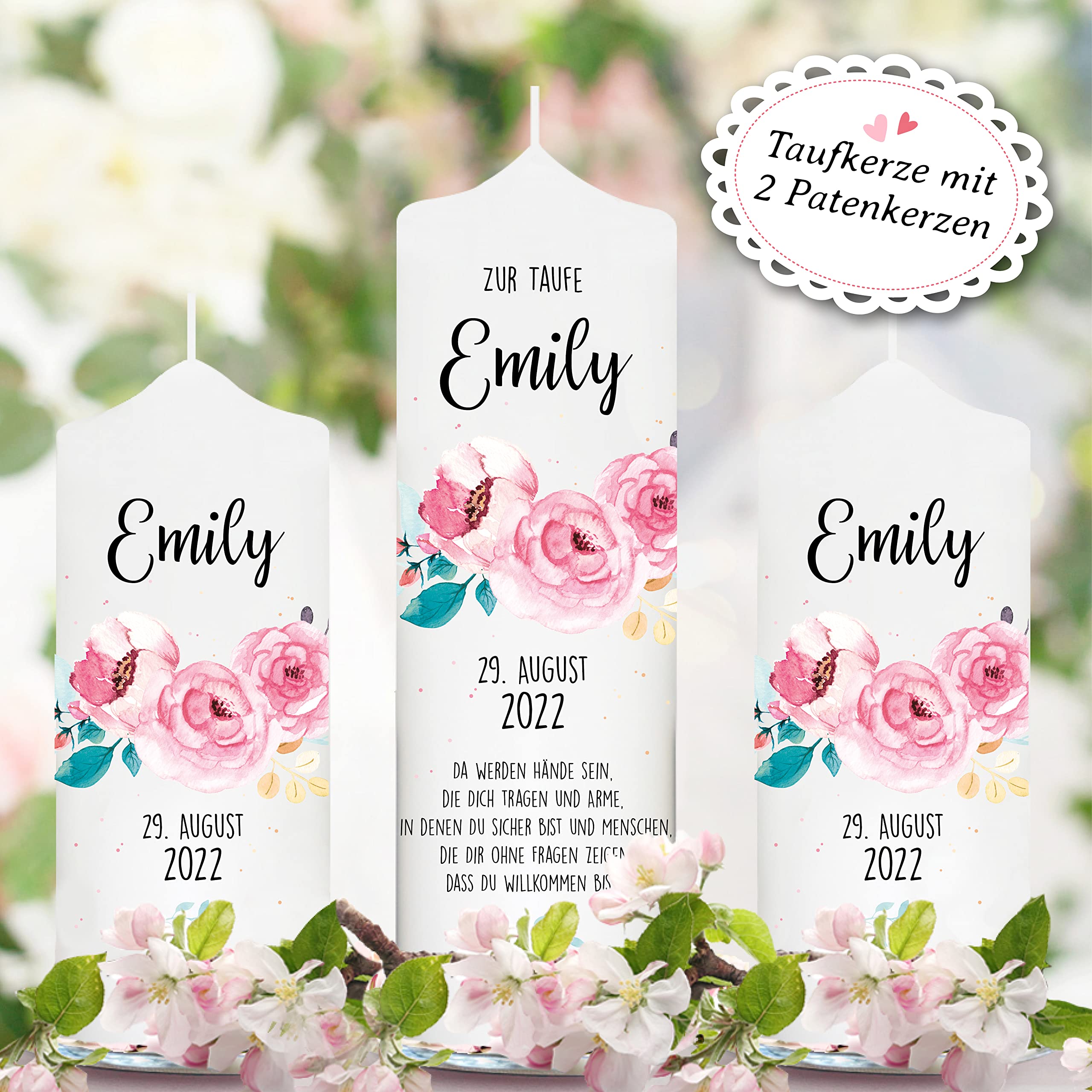 Wandttattoo Loft Taufkerze Junge oder Mädchen Blumen Blüte rosa rosé Baum weiße Kerze zur Taufe, Geburt Kommunion weiß 25 x 7 cm mit Name, Datum, Taufkerze (ohne Taufspruch)