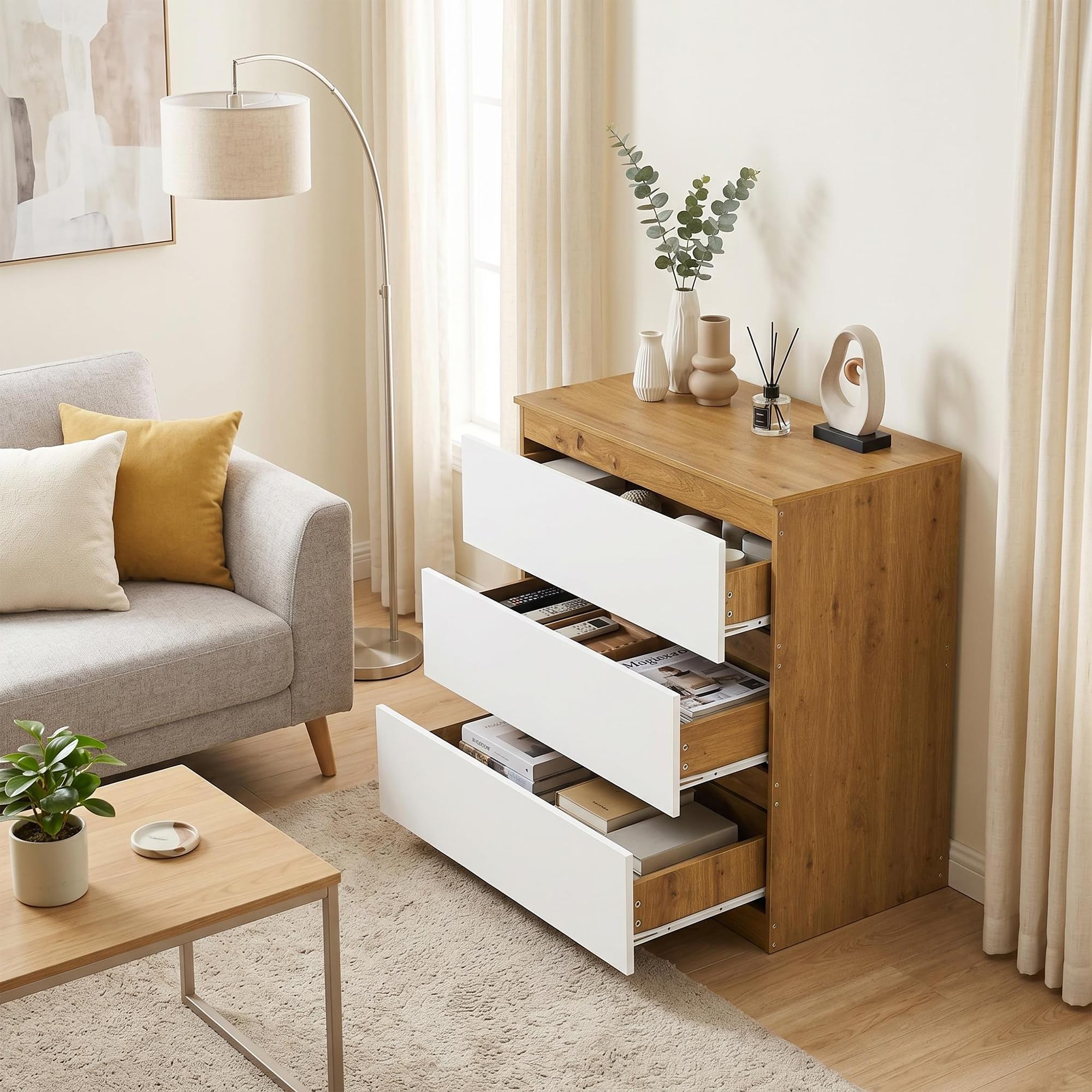 Cajonera Dormitorio, Comoda con 3 Cajones, 70 cm Ancho, Moderno Mueble Cajonera para Salón, Dormitorio, Habitación De Los Niños, Oficina, Blanco/Roble, 70×40×75 cm