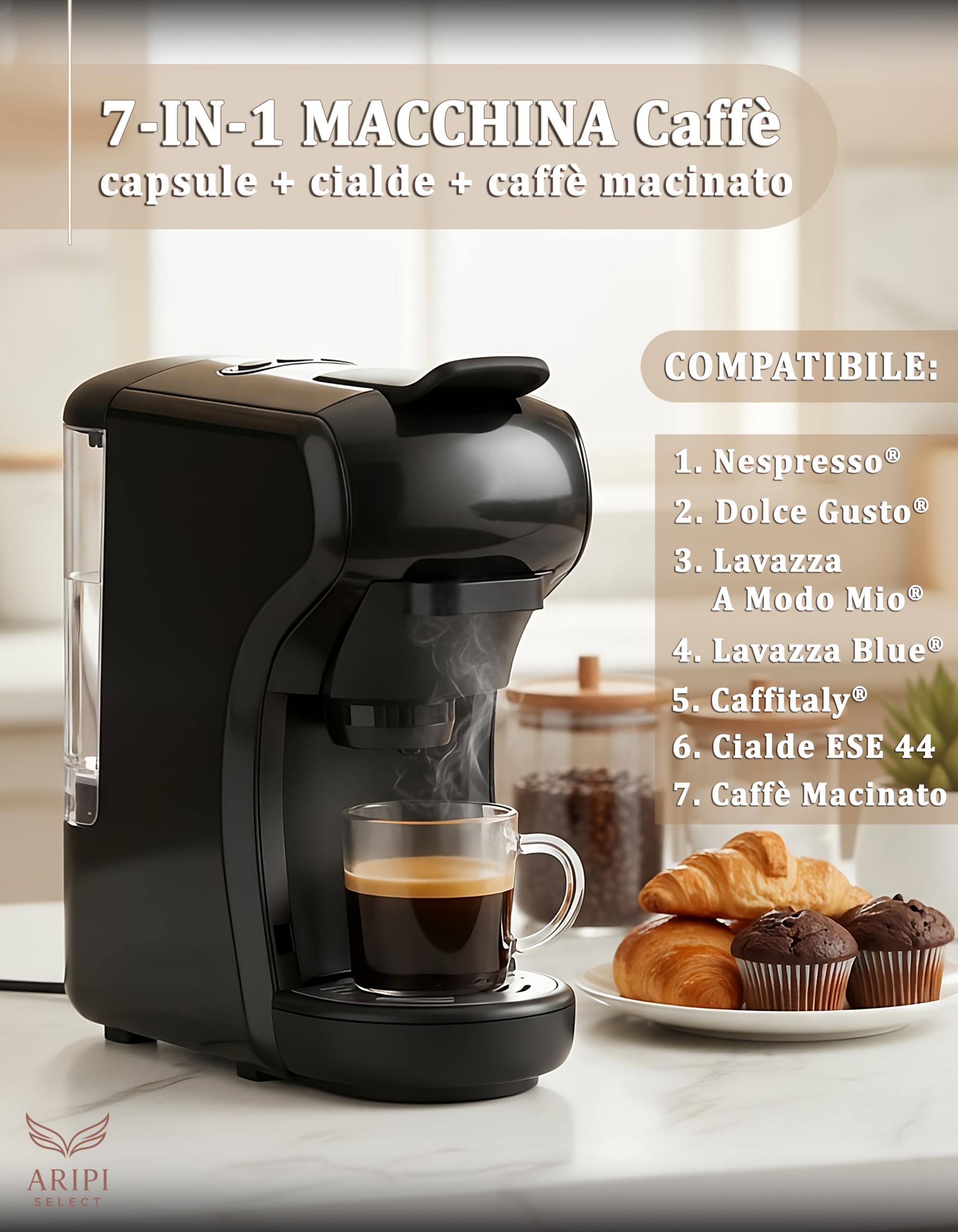 Macchina Caffè CIALDE e CAPSULE 7 in 1 Camry – Compatibile capsule Nespresso, Lavazza A Modo Mio, Dolce Gusto, Caffè Cialde ESE 44, Lavazza Blue, Caffitaly, Caffè Macinato – Kit con 10 Capsule Omaggio