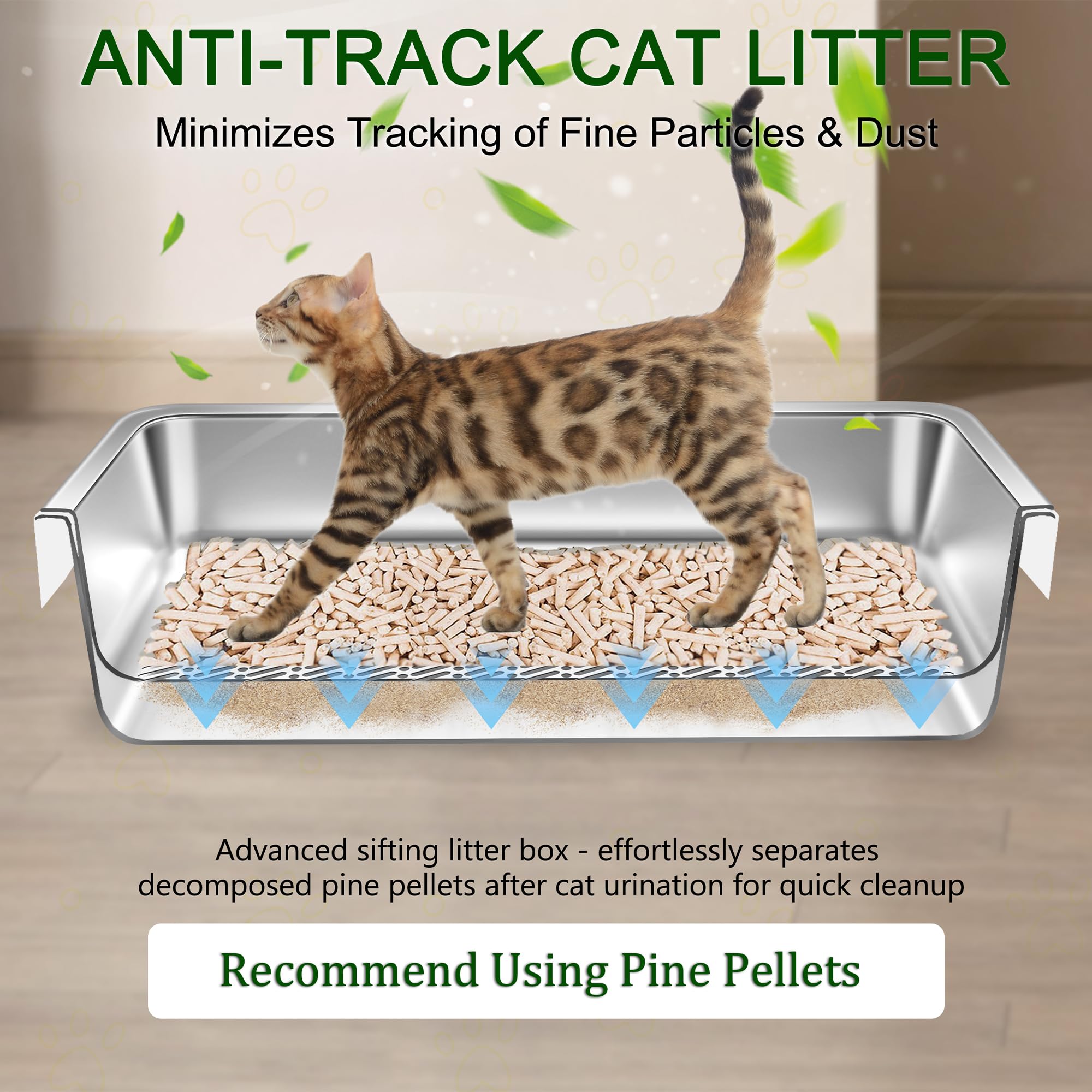 Stainless Steel Sifting Cat Litter Box for Pine Pellets, Large Metal Cat Litter Box Sifter Pan with Litter Scoop, Low Dust, Odor Control, Easy Cleaning, 19.7L*13.8W*6H - image 3
