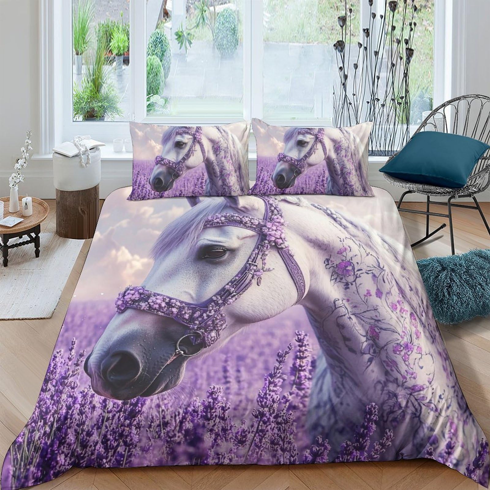 Ctjqhvkz Style-3 3D Printed Lavender Field Horse Fitted Sheet Microfiber Soft Mattress Cover Bedroom Decor Anti-Slip Machine Washable Single（135X200cm）