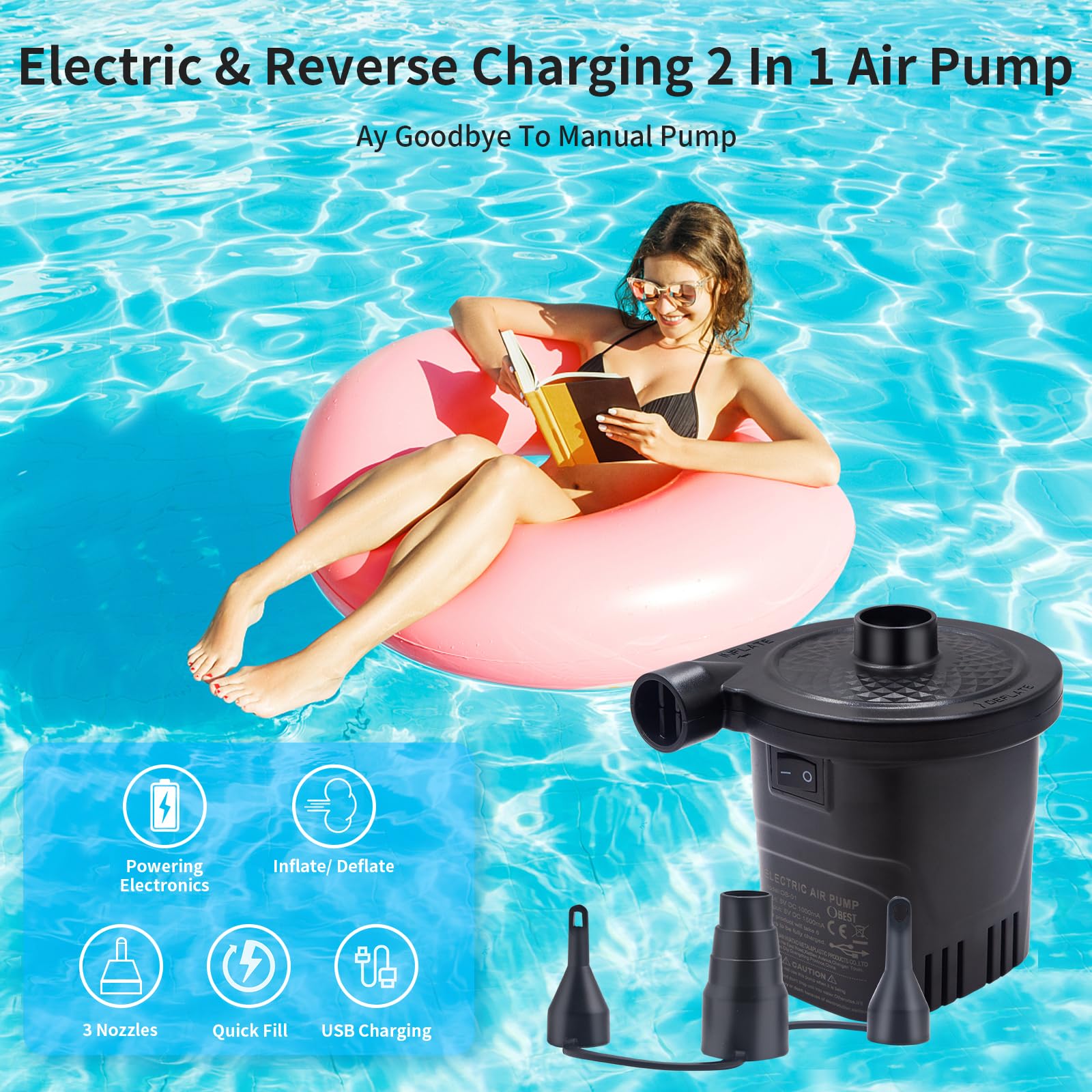 OBEST Pompa Elettrica Ricaricabile, Mini Pompe Aria Elettriche USB Portatile, 3 Ugelli Pompa Elettrica 4000 mAH Viene Utilizzata per Materasso/Piscina con Pompa ad Aria/Molo all'aperto/Gommone