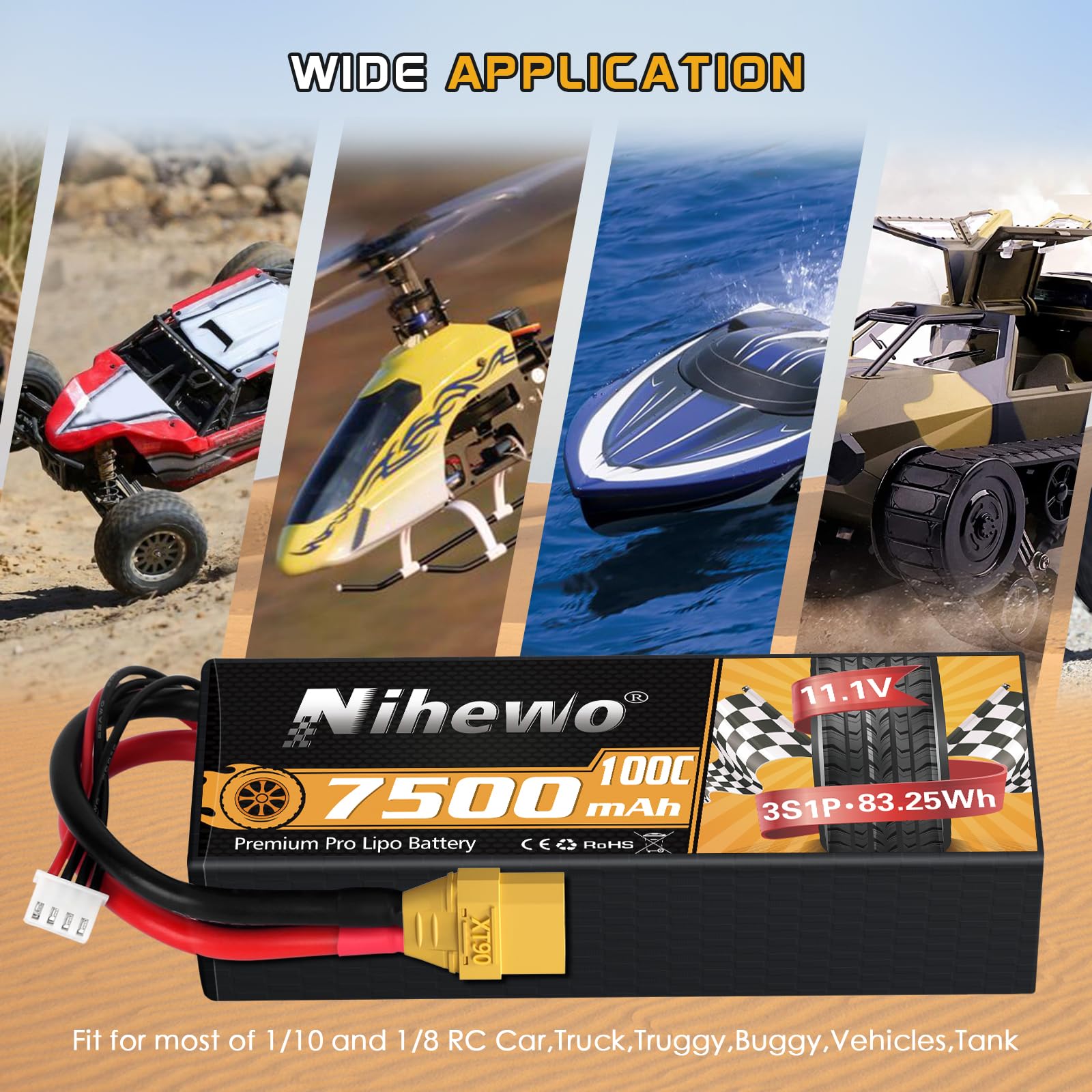 Lot de 2 Batteries Lipo 3S 11,1 V 7500 mAh 100C 3S boîtier Rigide Lipo connecteur XT90 Compatible avec Les camions de Voiture RC 1/8 1/10, Les véhicules Truggy, Les modèles d'avions de