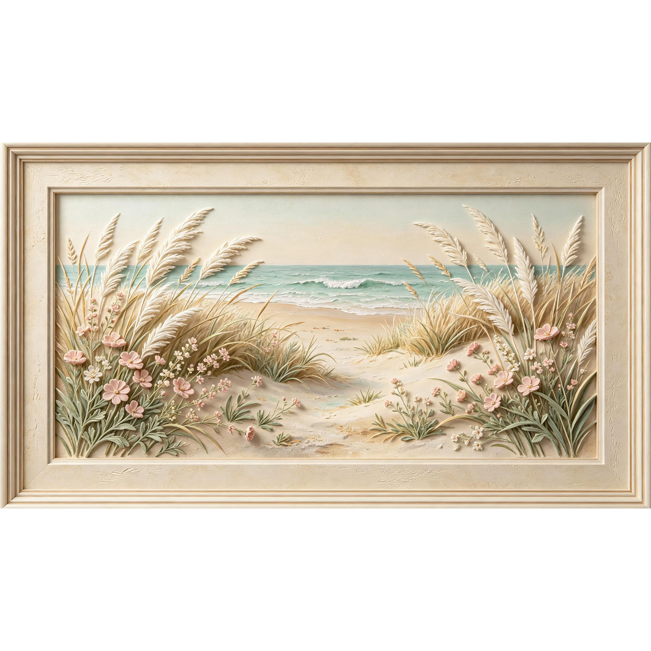 QZLITHOTIC 50×90cm3D Framed Wall Art， Coastal Beach Dune Wildflowers Self?Adhesive Mural， Water?Activated Peel & Stick Fabric Decor Wall Decal for Bedroom Living Room
