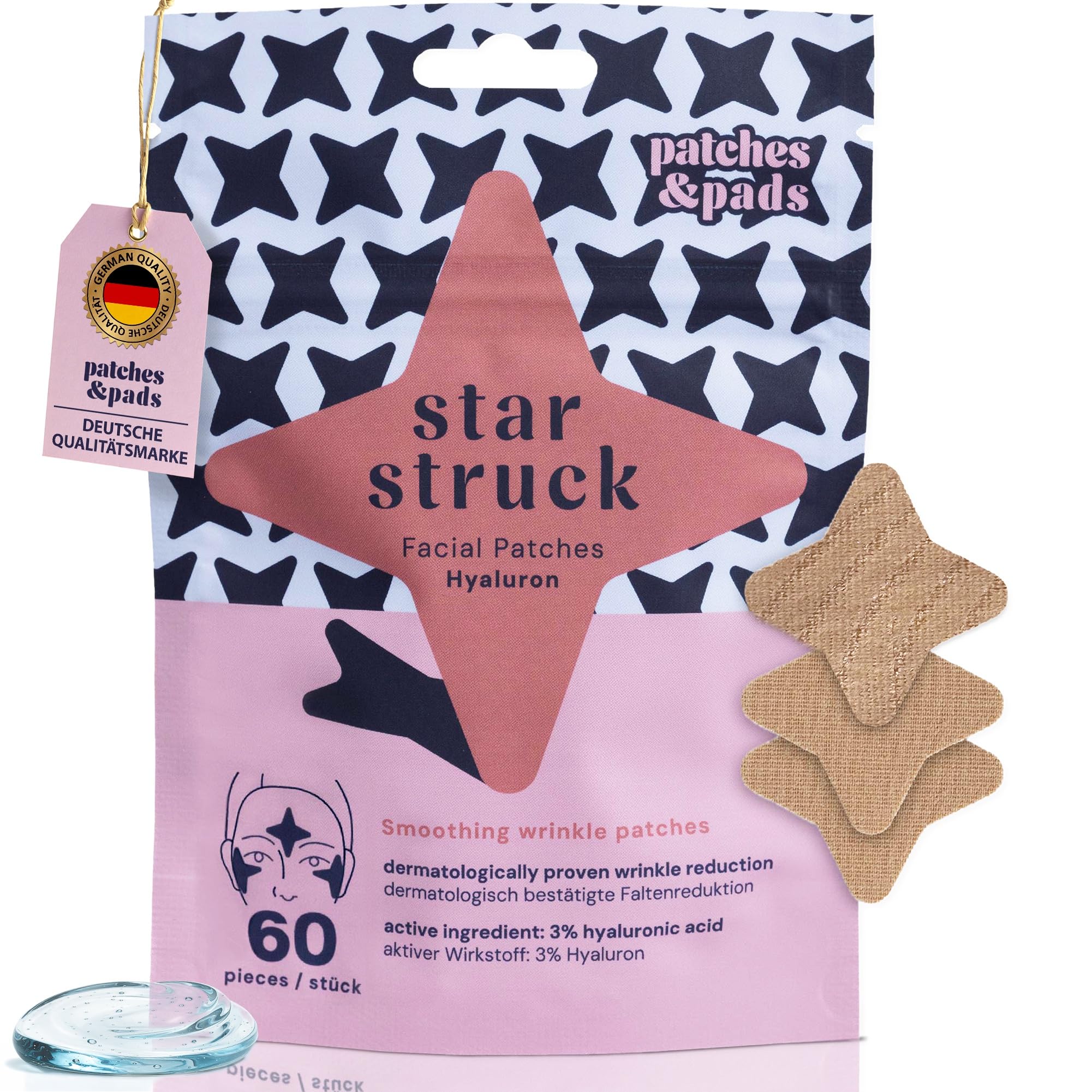 Patches & Pads Anti Falten Pflaster aus Baumwolle mit Hyaluron 60 Stück - Extra stark haftend - Faltentape, Facial Patches, Gesichts Tapes gegen Falten - Dermatologisch getestet (1er Pack)