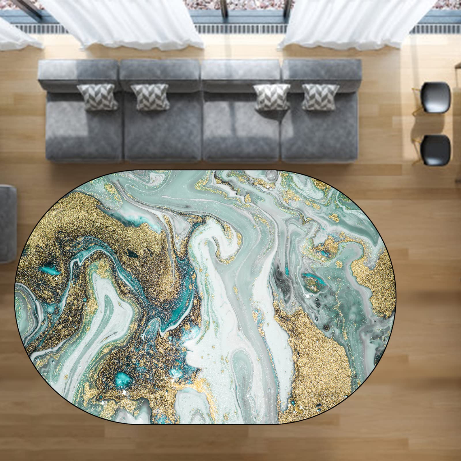 Tapis Art Déco ovale cyan jaune : atténuez les bruits de pas dans votre chambre