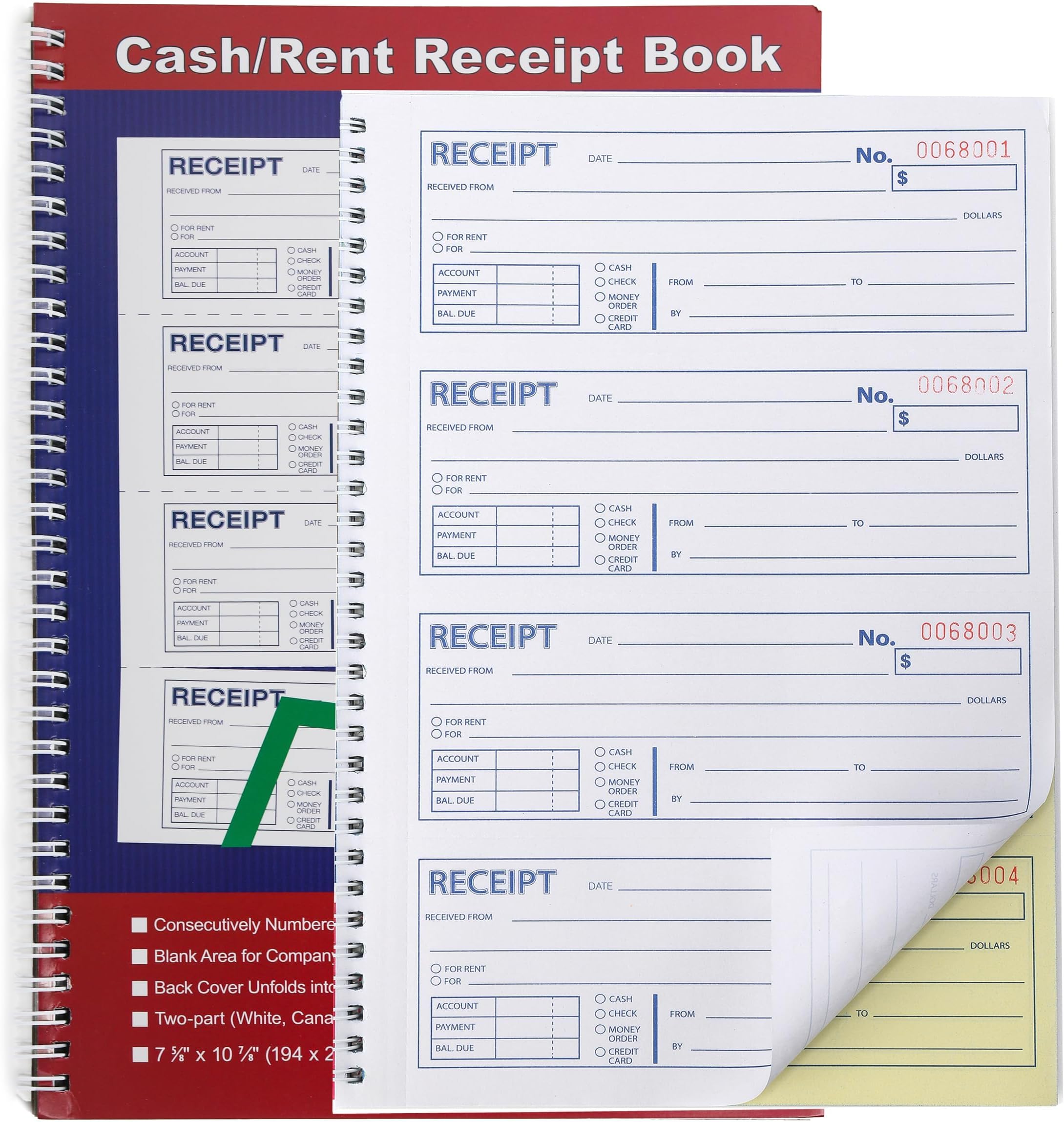 Money and Rent Receipt Book 2-Part Carbonless 7-5/8" x 11" Spiral Bound 200 Sets per Book 4 Receipts per Page(1pack)