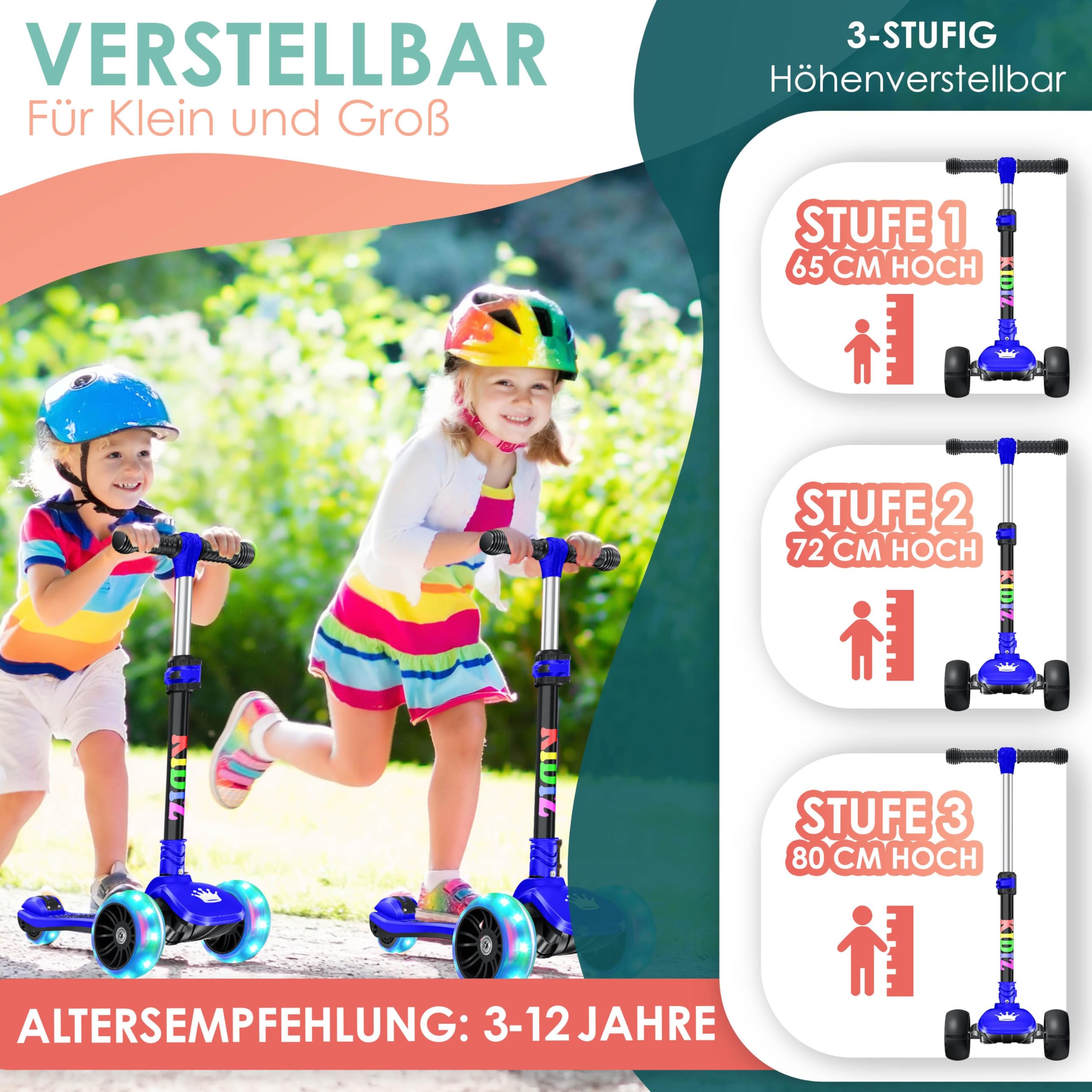 KIDIZ® Scooter Kids Scooter X-Pro2, Patinete de Tres Ruedas con PU LED, Ruedas Luminosas, Patinete de Pedales para niños niñas 3-12 años, Plegable, Regulable en Altura