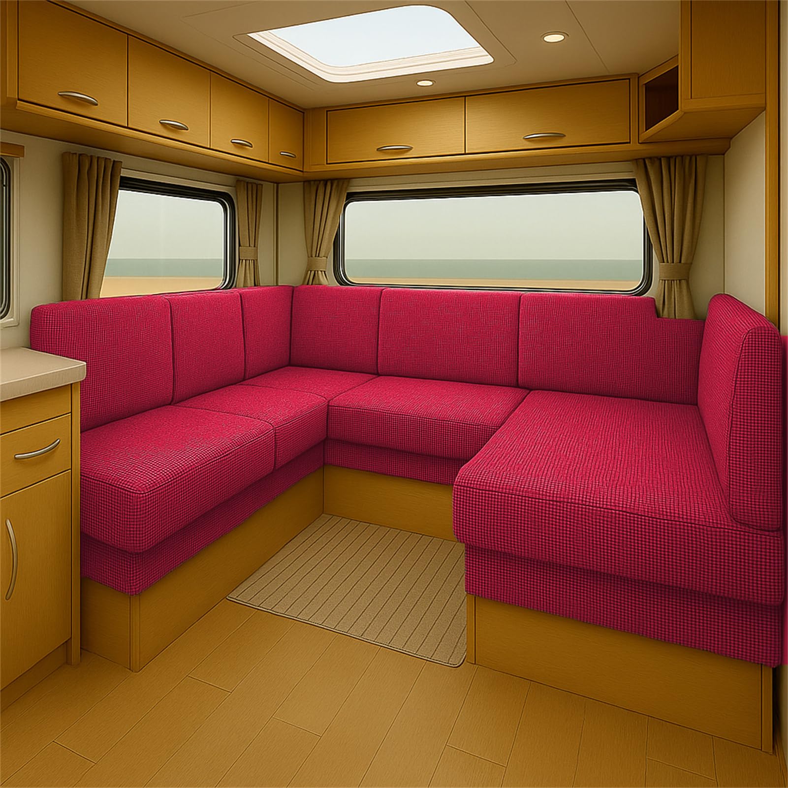 CDPTD Elastic Caravan Seat Cushion Cover for RV Bench Camper Sofa Jacquard Slipcover with Straps Washable Non-Slip Pads Dinette Pads Protector Campervan Chair Seating (Red,W50-65 * L 125-155cm)