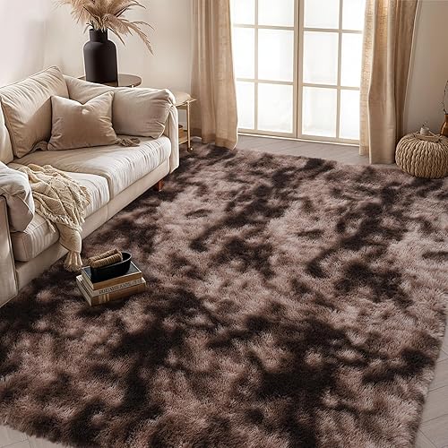 Ultra Soft Rug for Living Room, 5 X 7 Tie-Dyed Brown Plush Fuzzy Rugs Machine Washable, Fluffy Shag Area Rug Furry Rugs for Bedroom, Anti-Skid Indoor Carpet Nursery Rugs for Room Home Decor