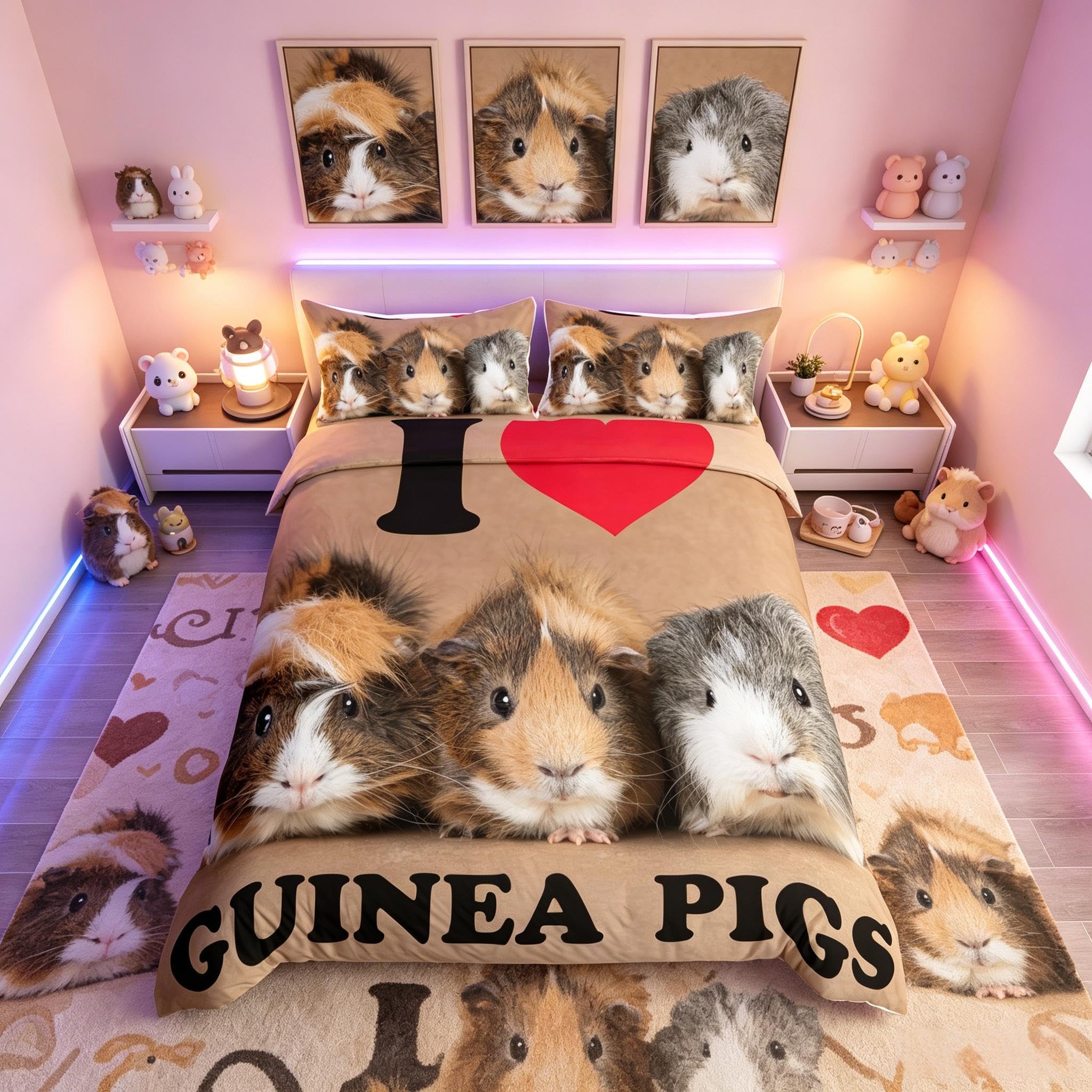 Guinea Pig Bedding Set Three Cute Guinea Pigs Duvet Cover Set for Kids Boys Girls Wild Animal Pattern Comforter Cover Wildlife Bedspread Cover with 1 Pillowcase 2Pcs Bedding Junior/Cot Bed,Brown