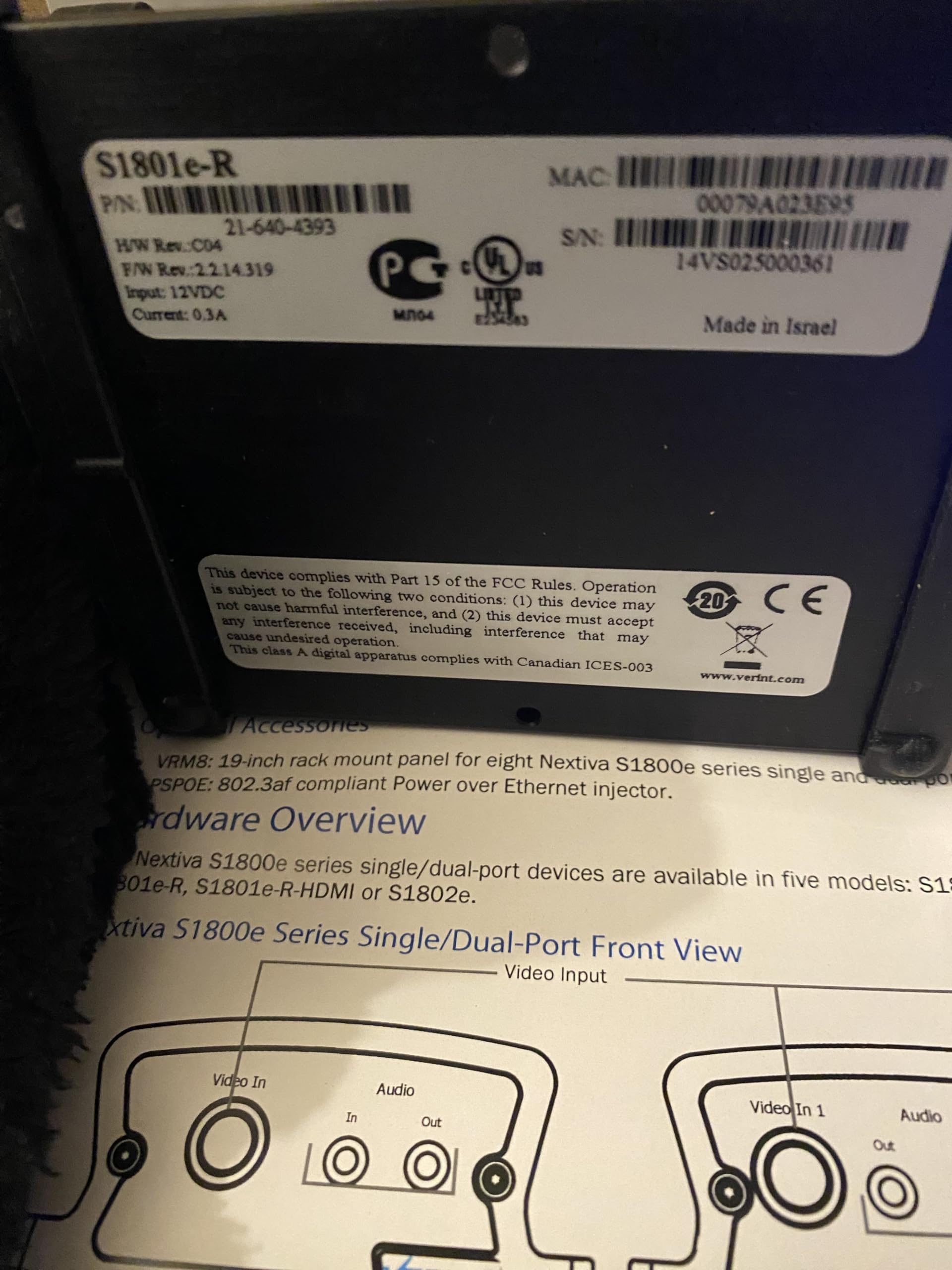 VERINT SYSTEMS S1801ER H.264 compact, high-resolution video dec