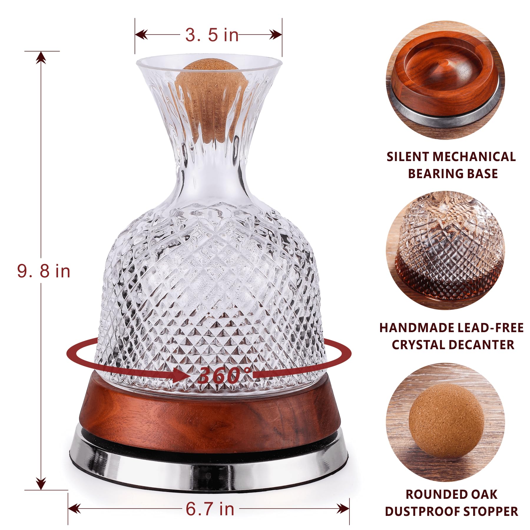 Juego de decantador de vino giratorio con base de madera maciza, divertida jarra de vino de cristal, decantador de vino tinto, accesorios de vino, regalos de vino, perfecto para bar en casa (detalles
